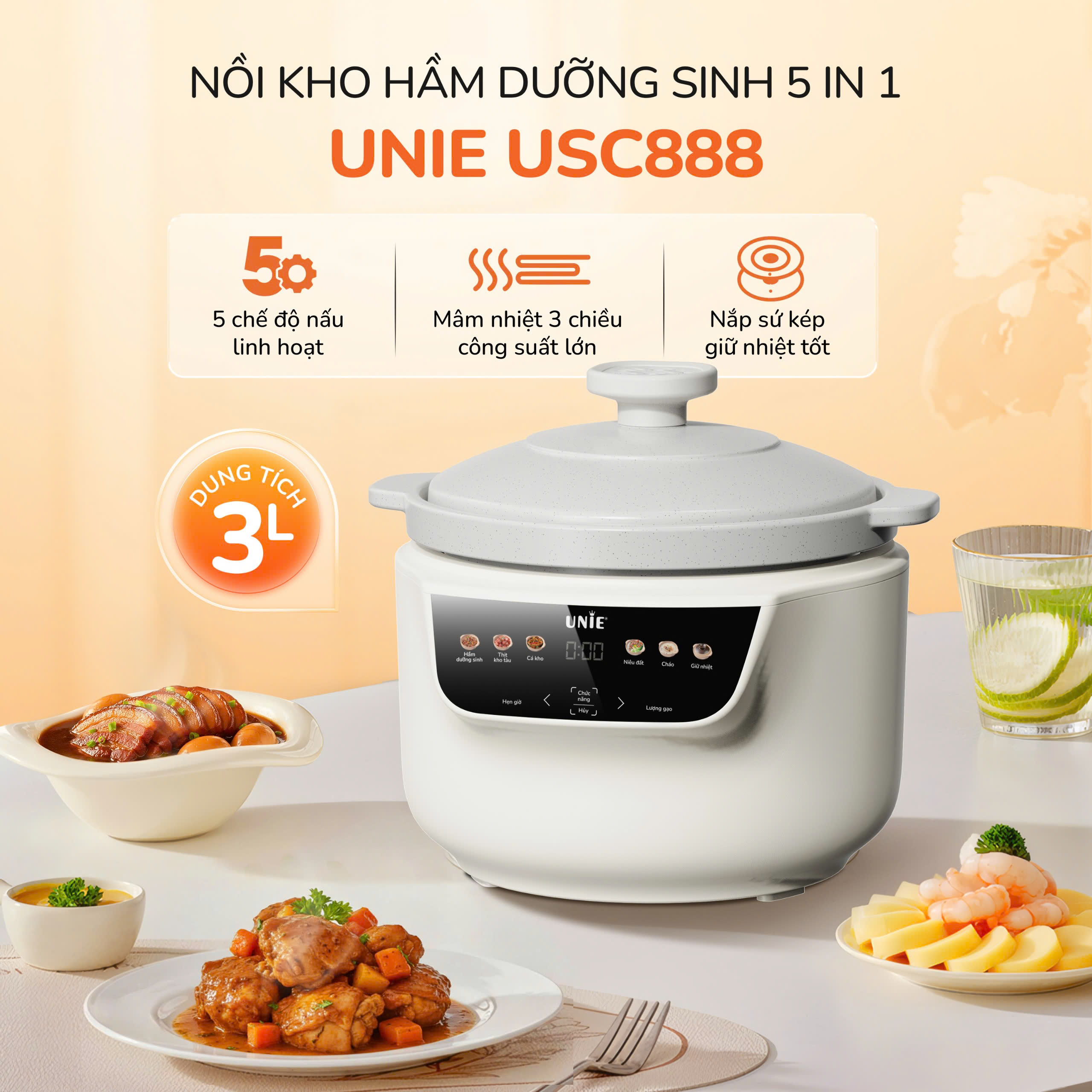 Nồi kho hầm dưỡng sinh 5 in 1 UNIE USC888, nắp sứ kép cao cấp – giữ nhiệt, khóa ẩm bằng vi áp suất_thumbnail_5