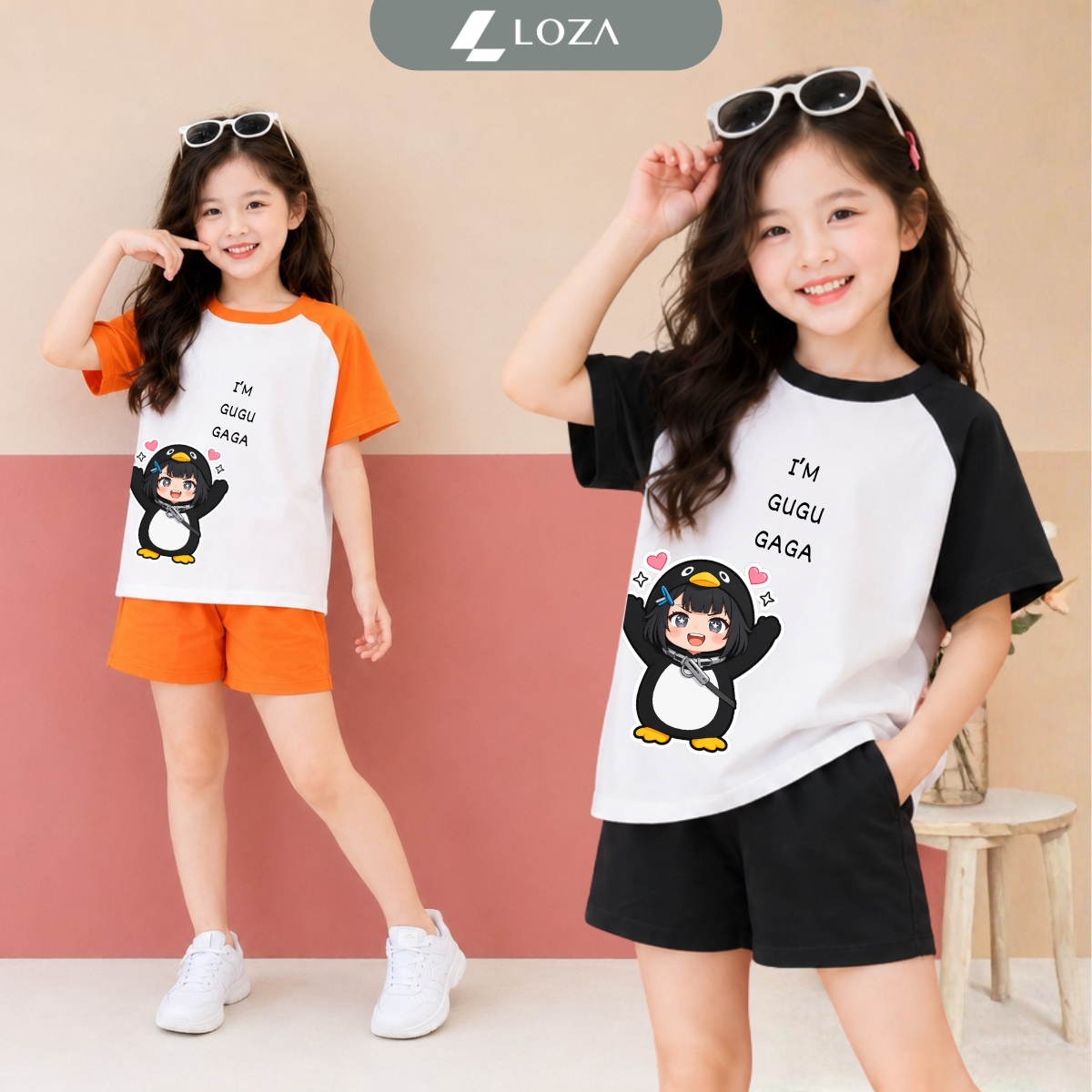 Set bộ bé gái phối màu hình Cánh cụt Gugugaga - Loza FB684