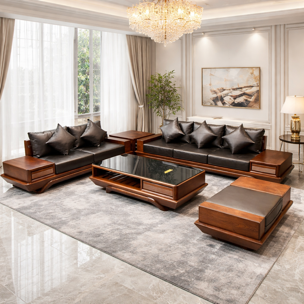 Sofa 2 văng chân thuyền màu đỏ sẫm