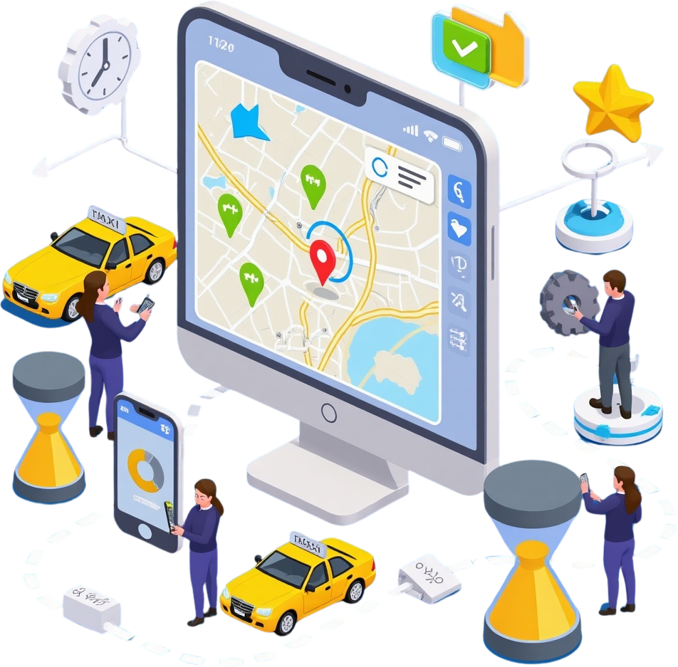3D isometric illustration of car booking service, featuring a large smartphone or tablet screen showing a map with location pins, small 3D characters using phones to book rides, taxi or car icons, route paths, and 