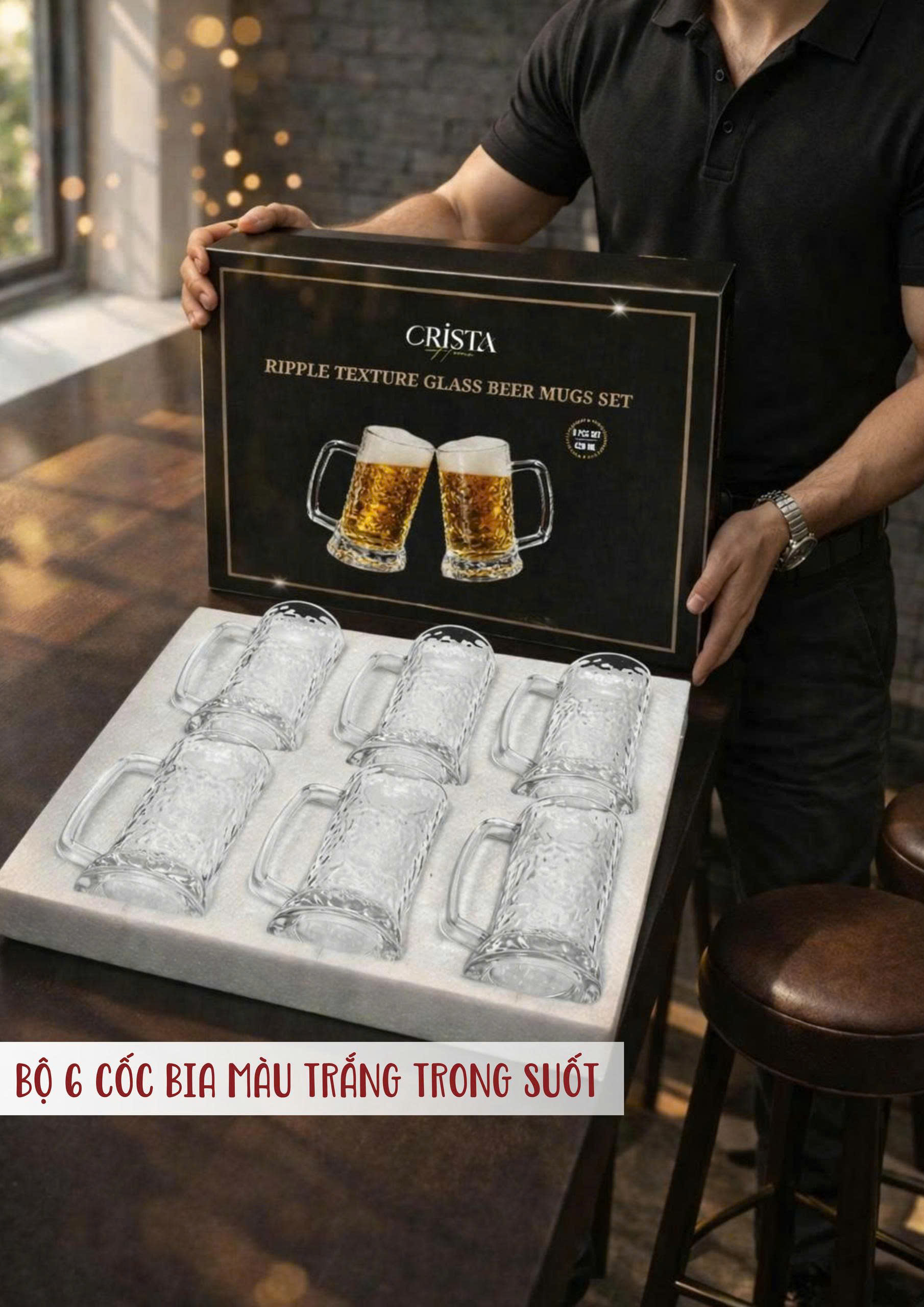 Bộ 6 cốc ly bia thủy tinh vân sóng nước có quai 420ml Crista Home_thumbnail_2