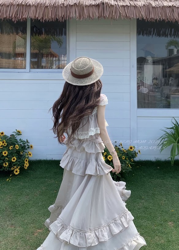 Lucas - Set áo 2 dây vải đũi nhăn viền ren gấu + tay hến + chân váy maxi xòe may nhún nhiều tầng_thumbnail_5