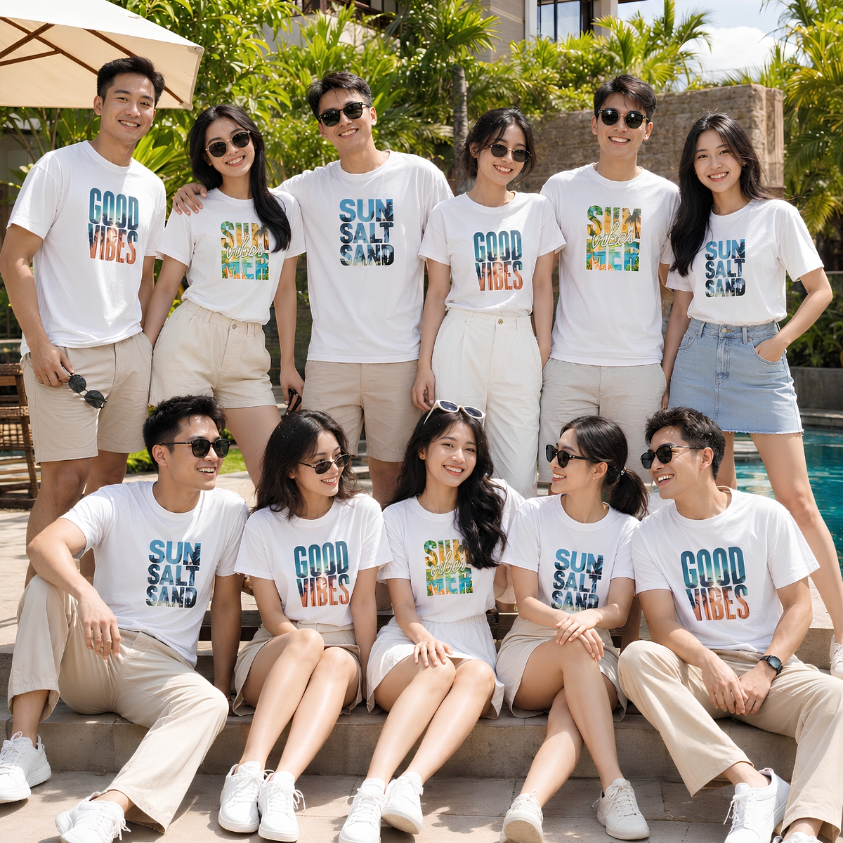 [Form rộng] Áo phông nam nữ đôi, hội, nhóm du lịch màu trắng nhiều hình chữ-  LOZA  G001
