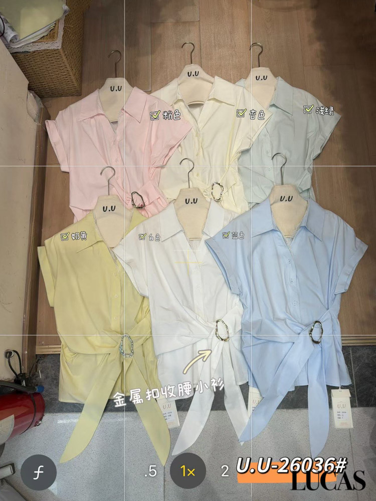 Áo sơ mi lụa cỏ bẻ cài cúc tay cộc đan eo mặt kem loại méo 26036