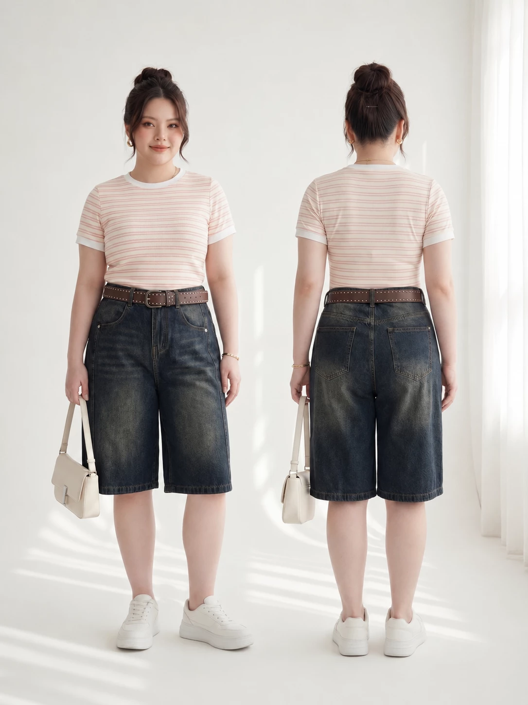 Người mẫu mặc quần short jean lửng bigsize QSJ67 mặt trước và mặt sau