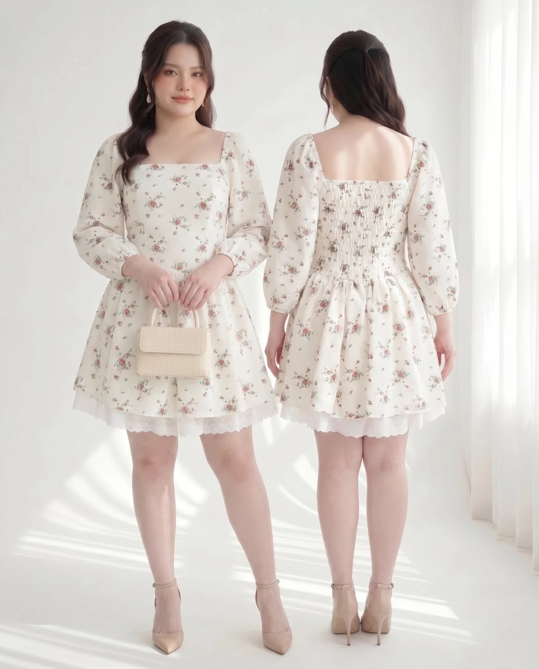 Người mẫu mặc đầm hoa nhí cotton phối ren bigsize V-DA221 ở góc mặt trước và mặt sau