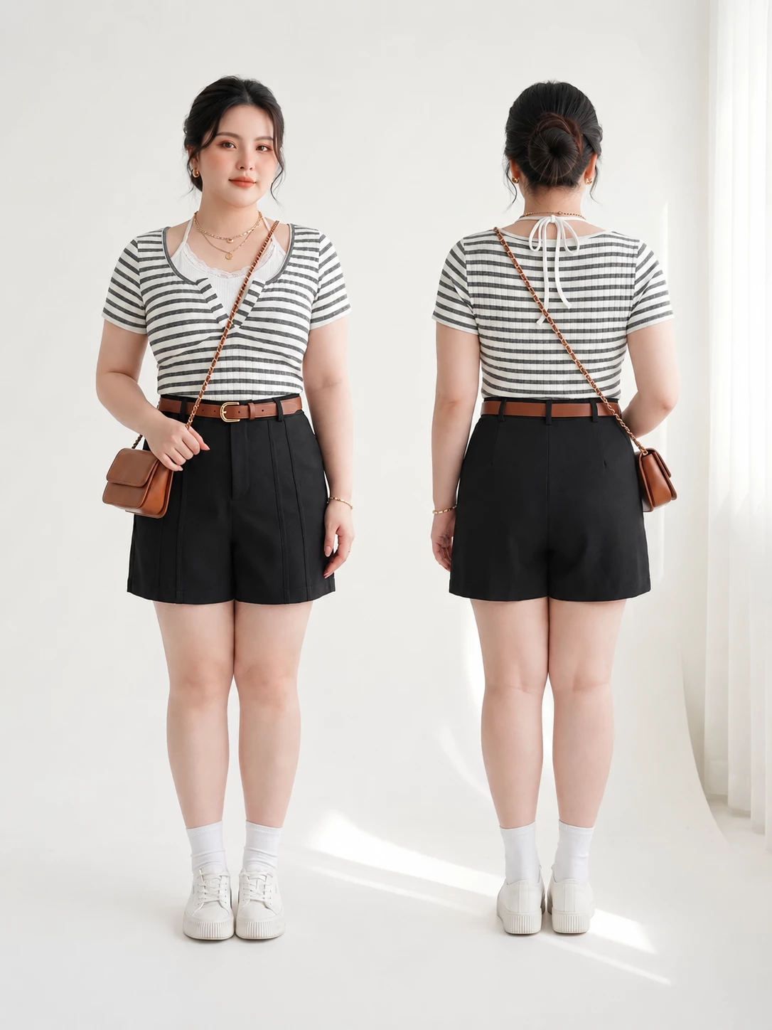 Người mẫu mặc quần short phối viền thân trước bigsize V-QS015 màu đen ở mặt trước và mặt sau