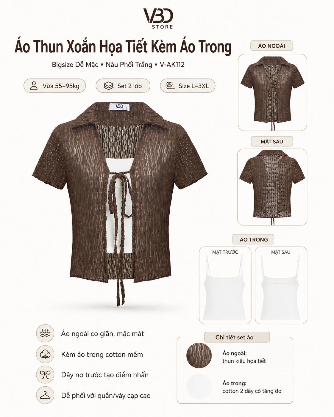 Infographic cấu tạo áo thun xoắn họa tiết kèm áo trong bigsize V-AK112