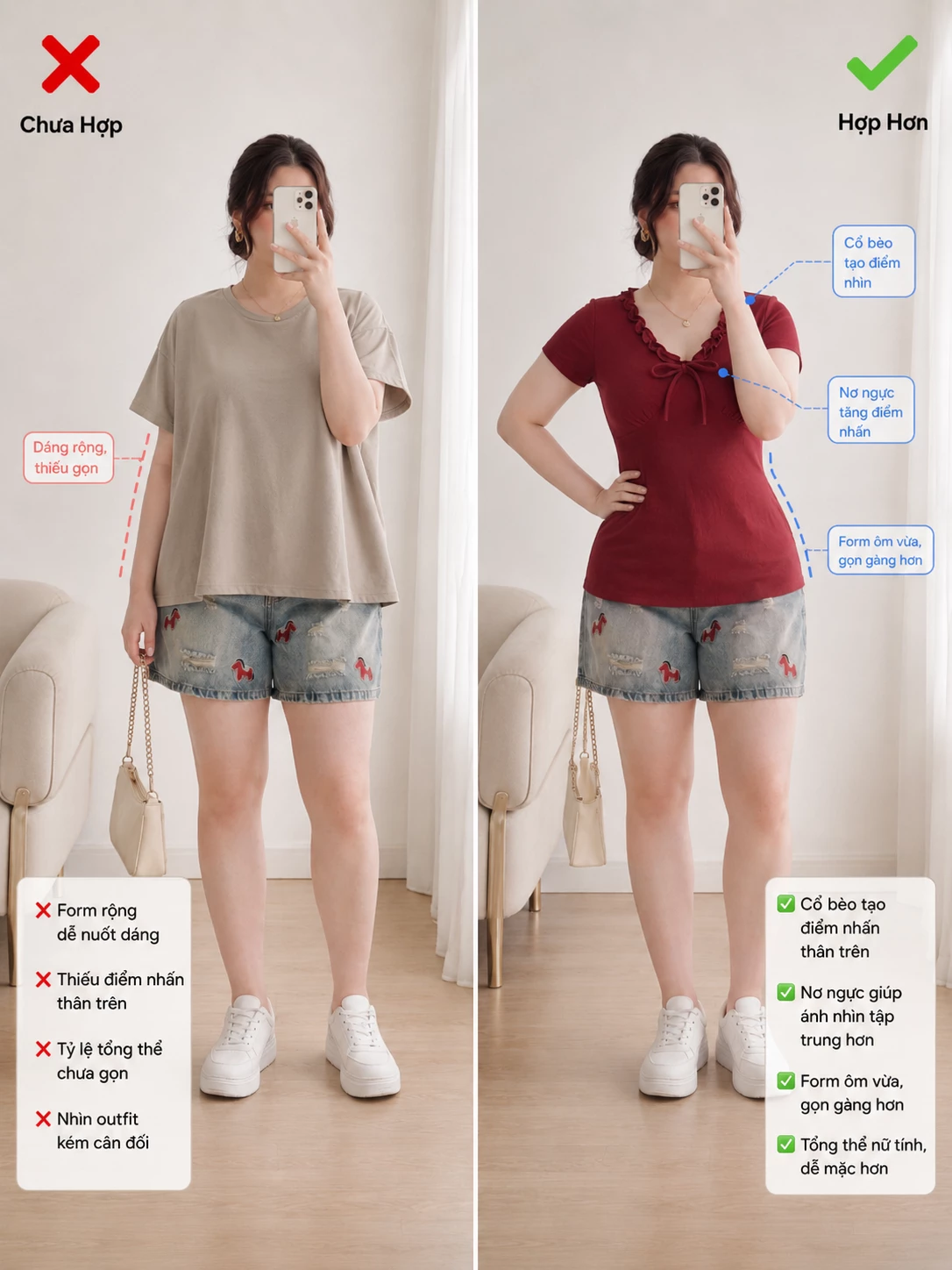 So sánh áo form rộng và áo V-AK118 form ôm vừa trên cùng người mẫu