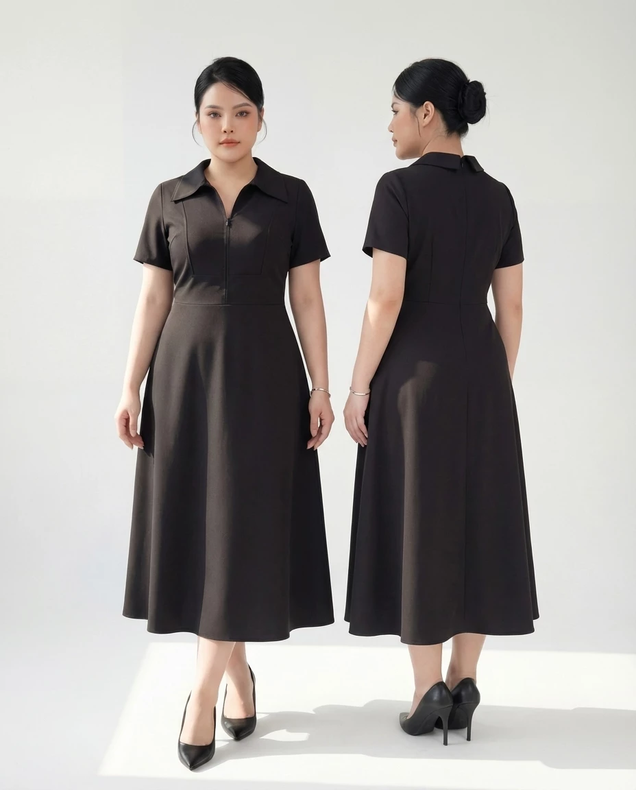 Người mẫu mặc đầm dáng A dài bigsize V-DA206 màu đen ở mặt trước và mặt sau