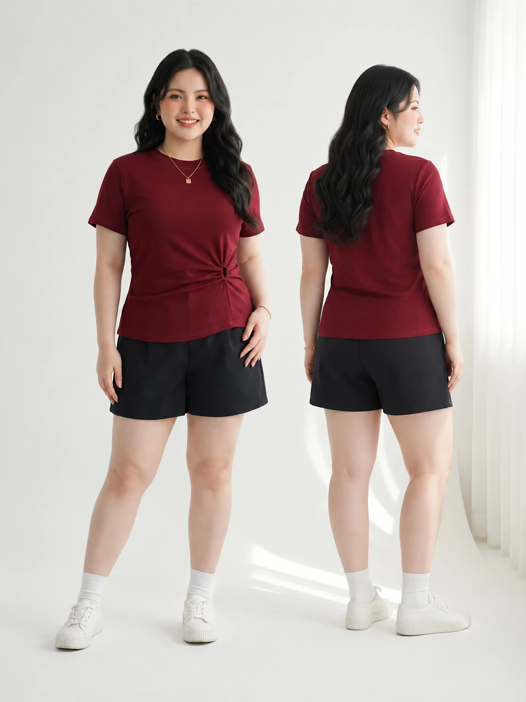 Form mặc thật trước sau áo thun khoét eo bigsize V-AK116 màu đỏ đô