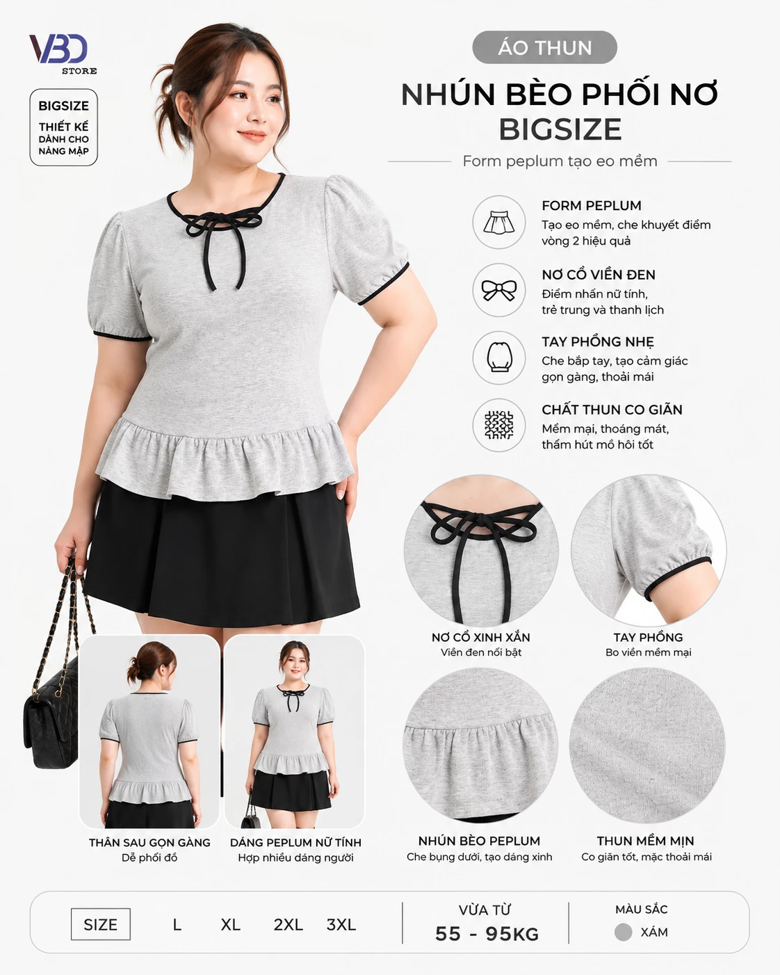 Infographic áo thun nhún bèo phối nơ bigsize V-AK103 form peplum tay phồng chất thun co giãn