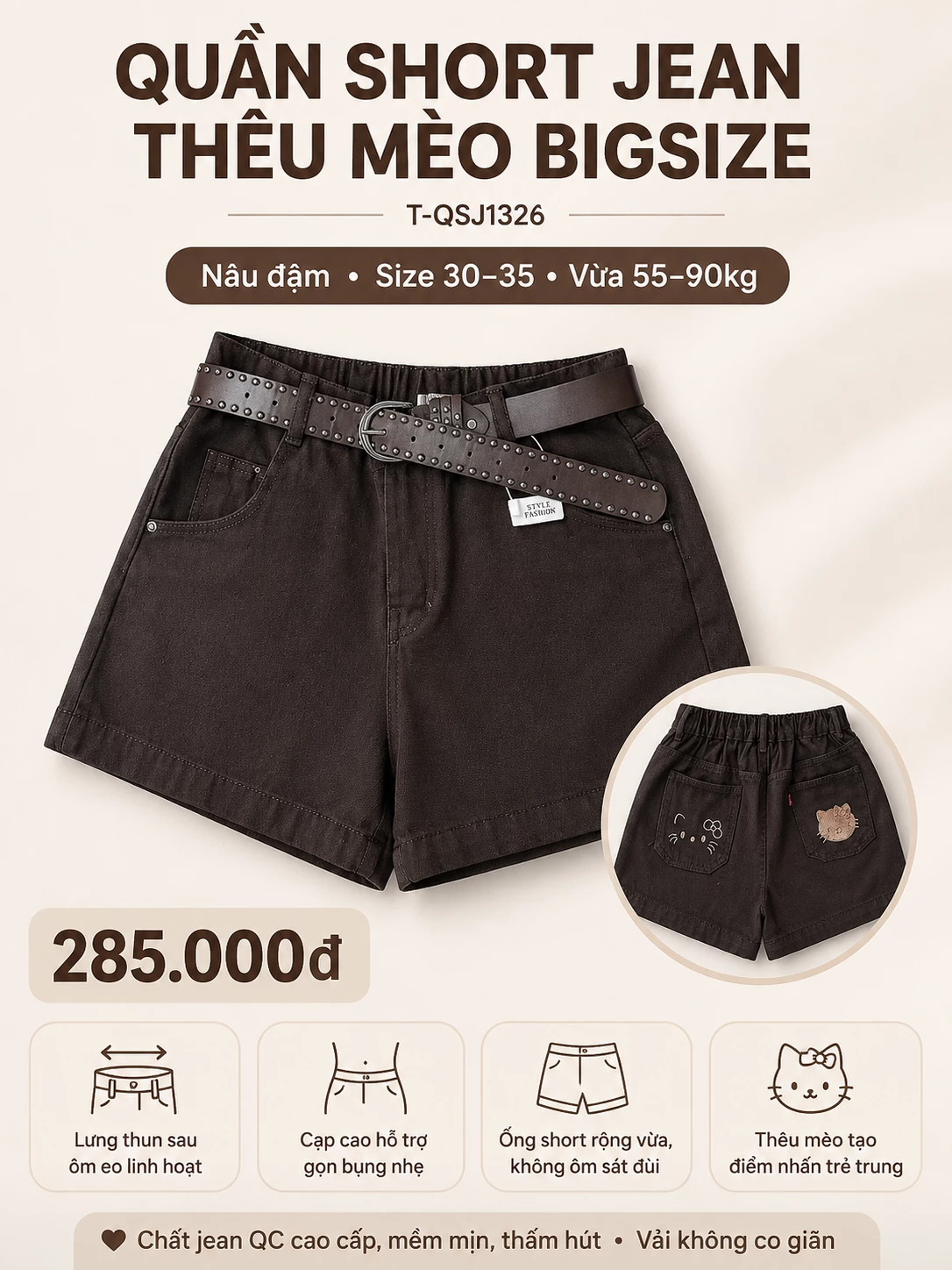 Ảnh điểm nổi bật quần short jean thêu mèo bigsize T-QSJ1326 màu nâu đậm size 30-35