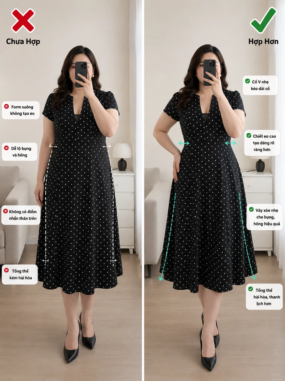Ảnh tư vấn form đầm chấm bi bigsize V-DA218 cổ V chiết eo cao tùng xòe hợp dáng hơn