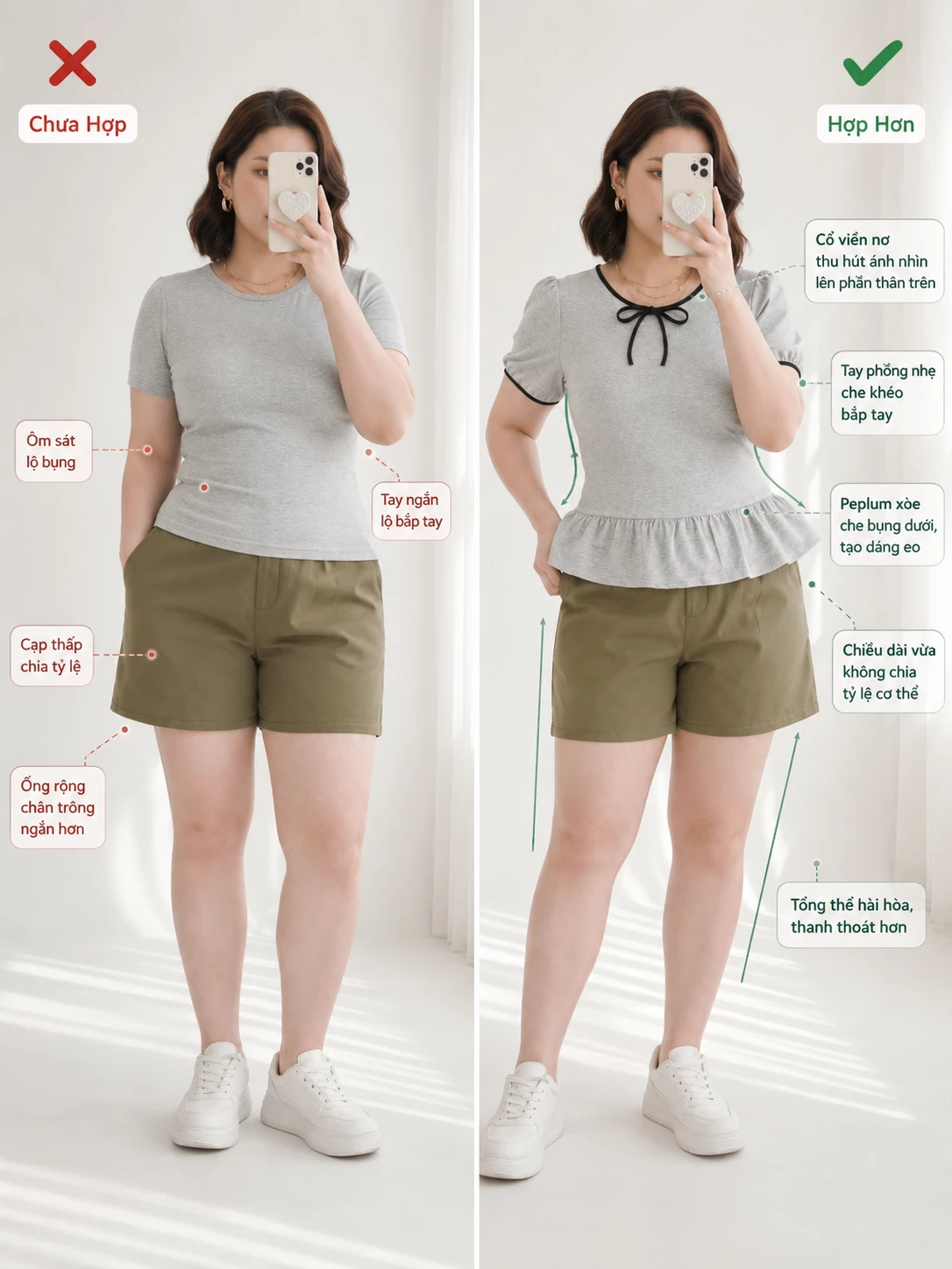 Người mẫu mặc áo V-AK103 màu xám với phần peplum, nơ cổ và tay phồng nhẹ