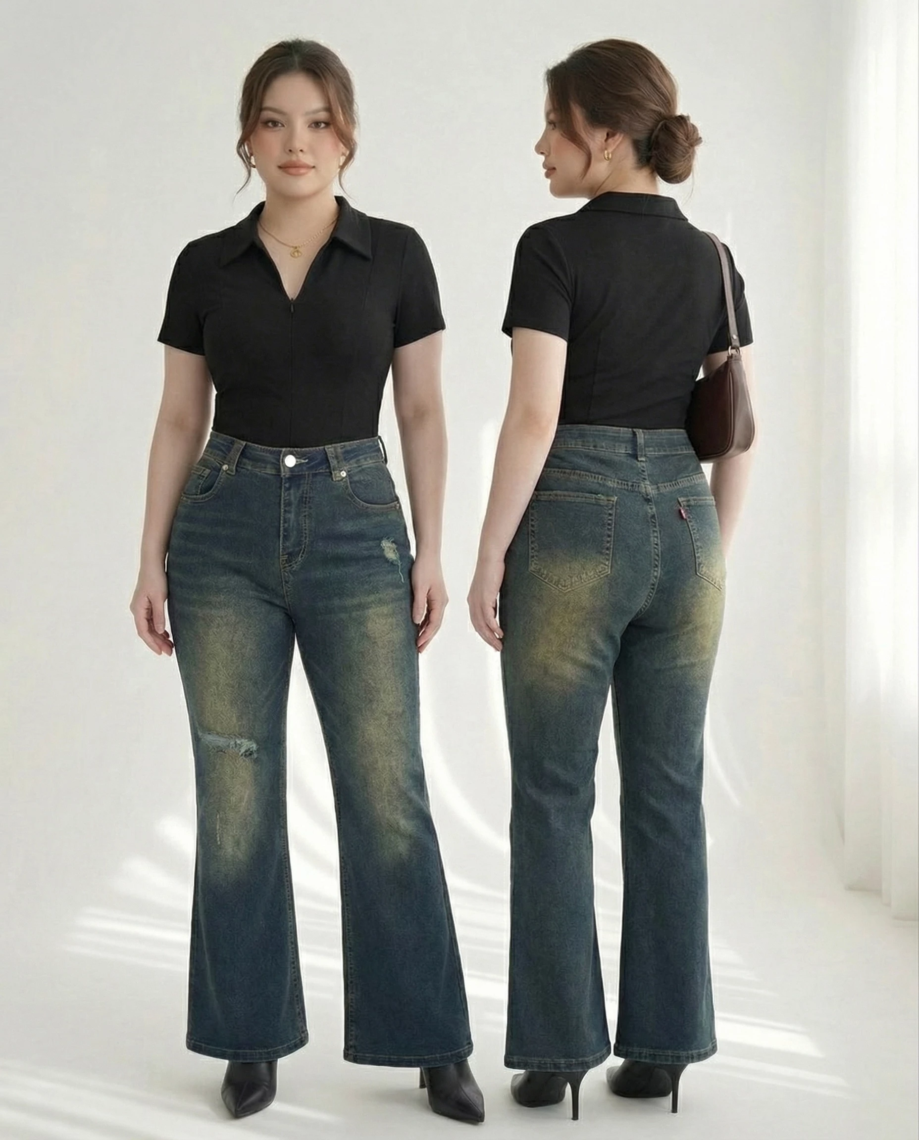 Quần jean ống loe bigsize V-QJ341 ảnh mặc thật mặt trước và mặt sau