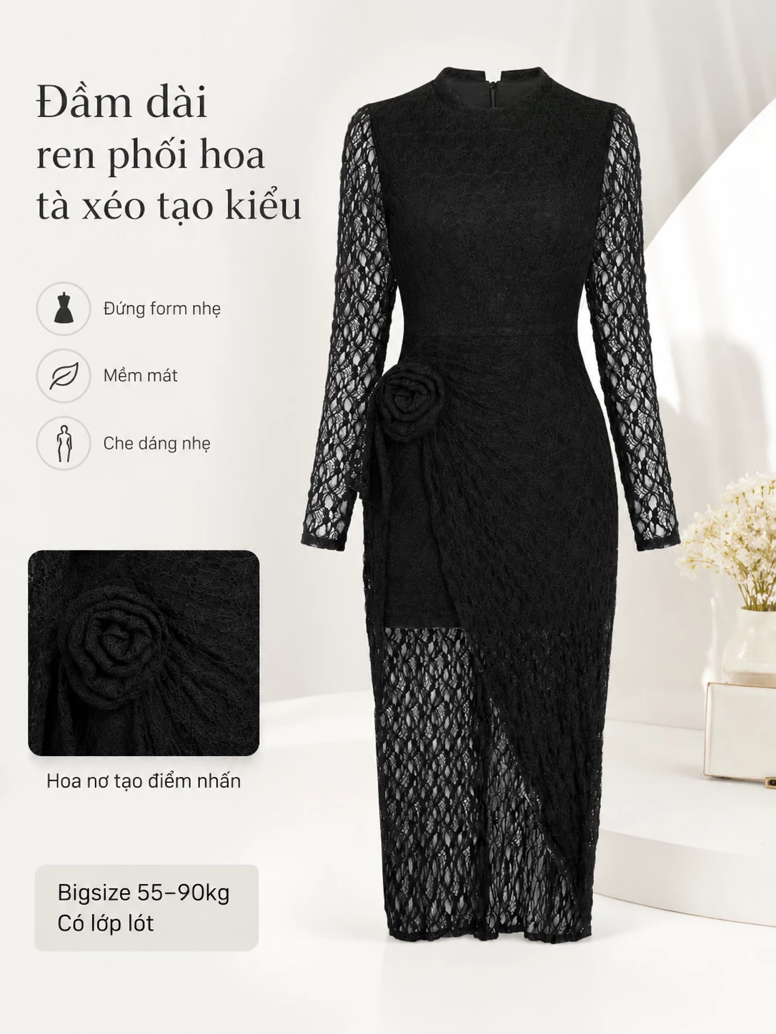 Điểm nổi bật đầm ren dáng dài bigsize V-DA226 tà xéo có lót