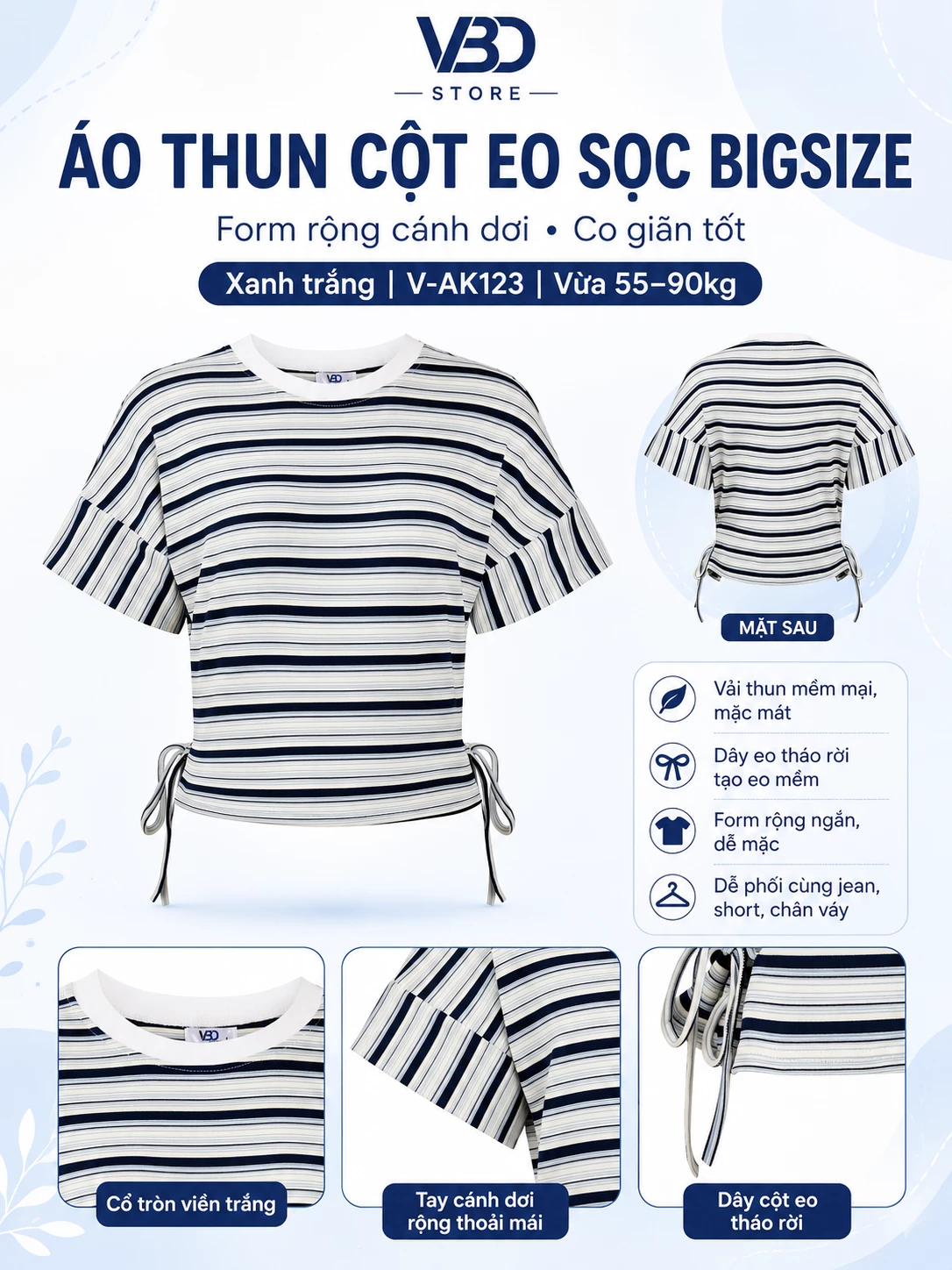 Áo thun cột eo sọc bigsize V-AK123 xanh trắng form rộng cánh dơi co giãn tốt