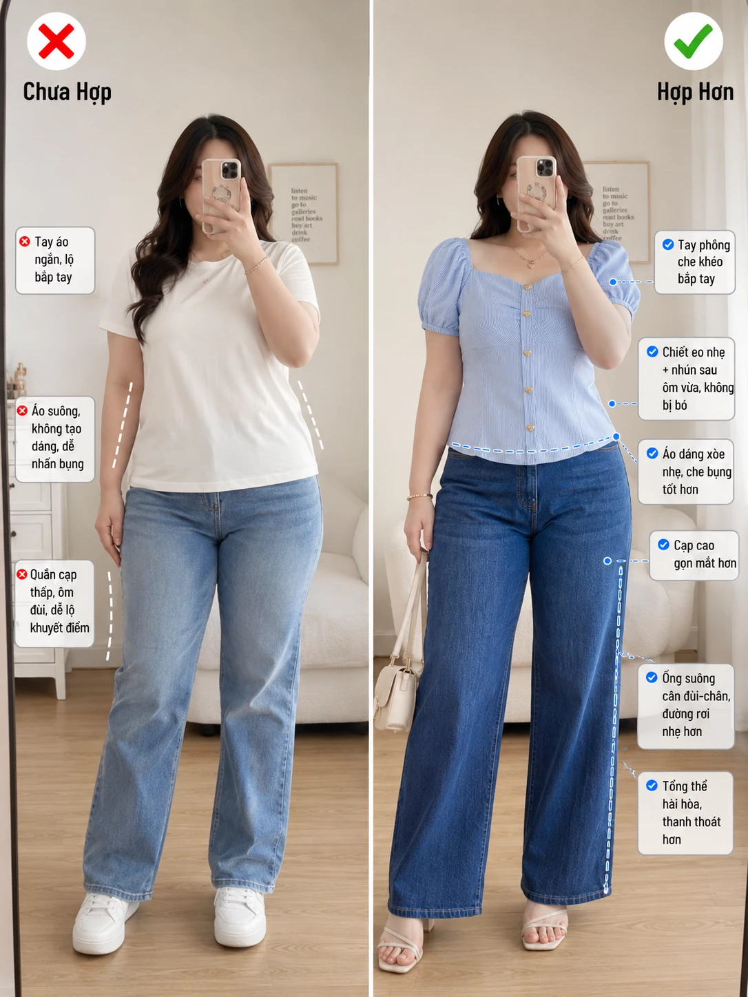 Guide to styling AK106 tops with high-waisted wide-leg pants for plus-size women.