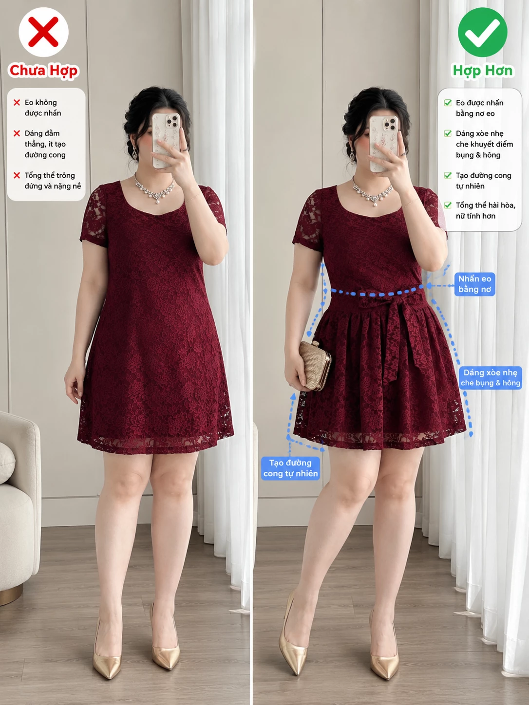 Ảnh tư vấn form đầm ren bigsize V-DA223 nơ eo dáng A hợp dáng đầy đặn