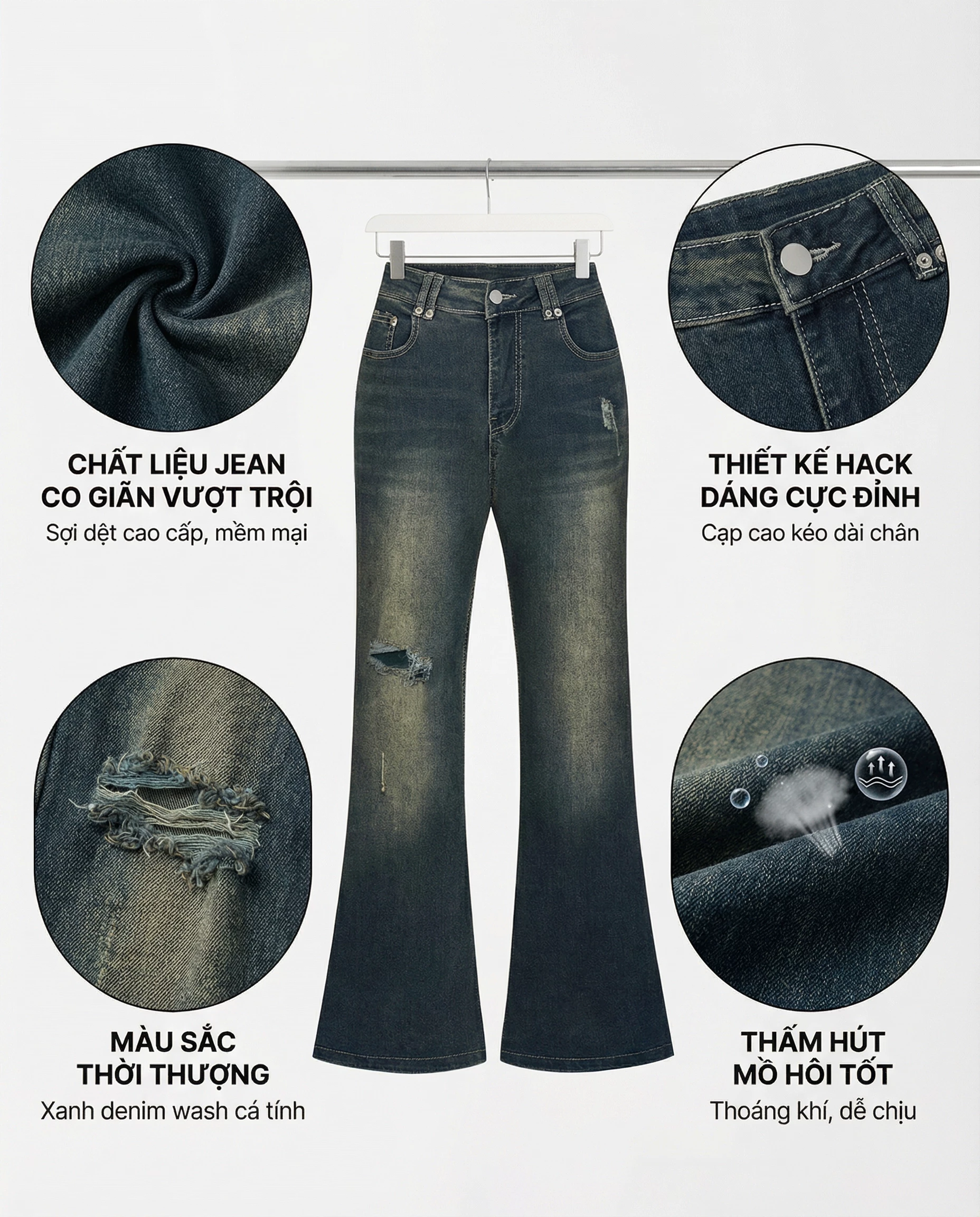 Cận chất liệu denim co giãn quần jean ống loe bigsize V-QJ341 màu xanh wash