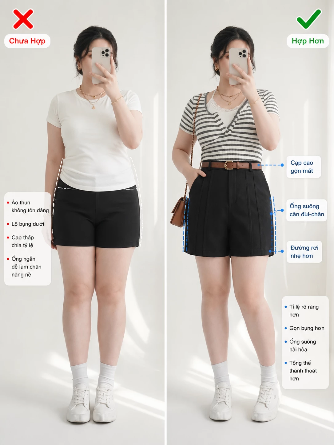 Gợi ý mặc quần short bigsize cạp cao V-QS015 để tổng thể gọn và cân đối hơn
