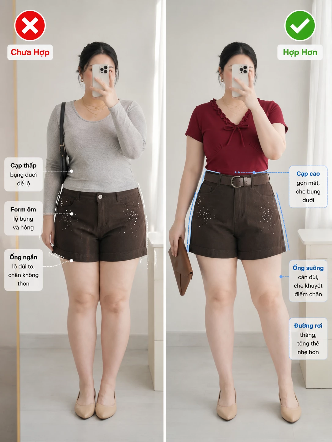 Ảnh tư vấn form quần short jean bigsize T-QSJ1322 cạp cao và ống suông giúp dáng cân đối hơn