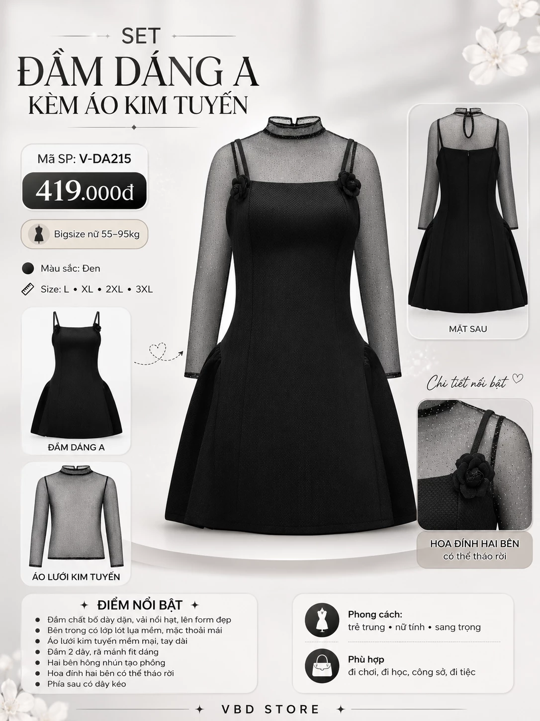 Infographic set đầm dáng A kèm áo lưới kim tuyến bigsize V-DA215 màu đen