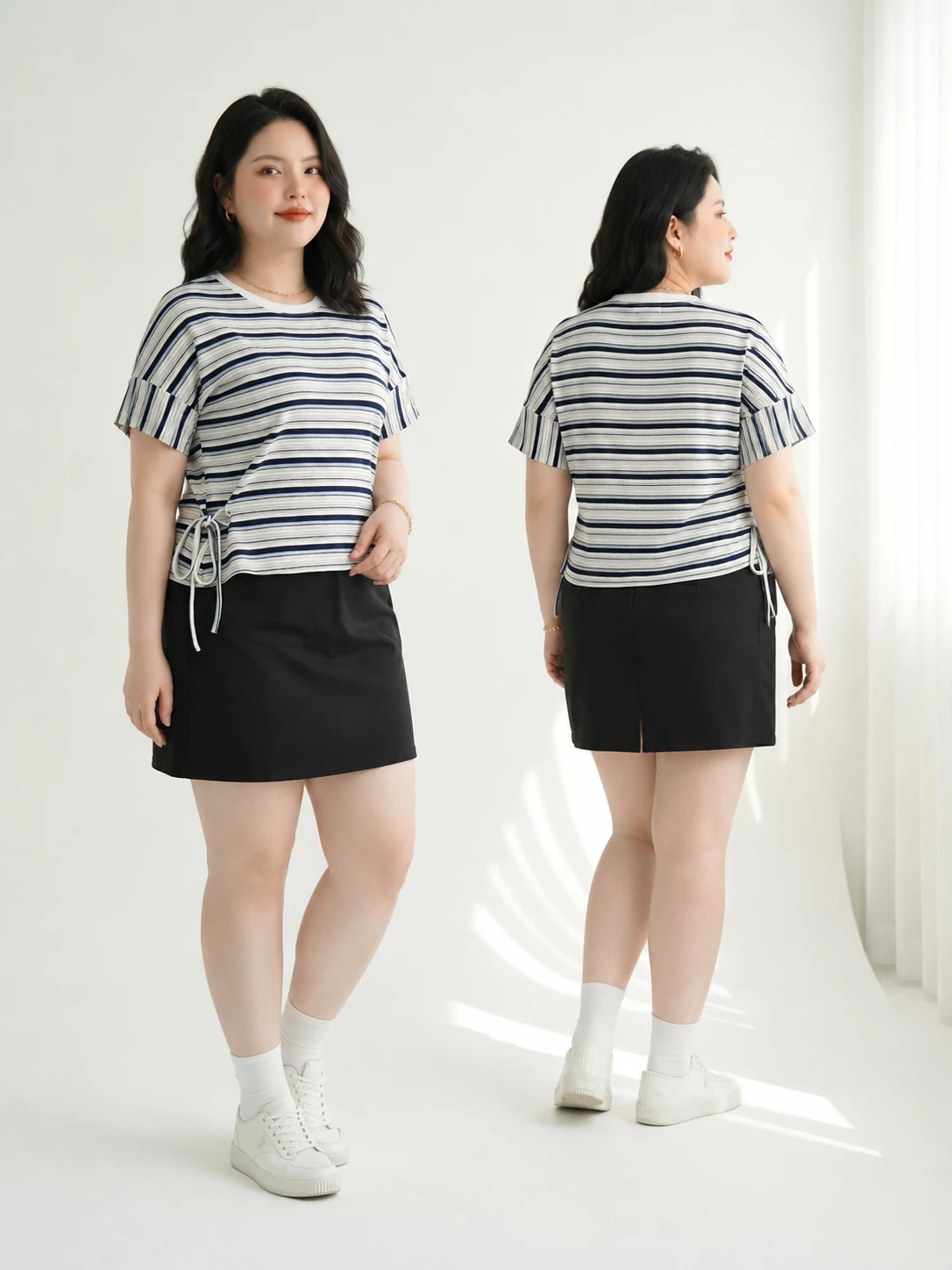 Người mẫu mặc áo thun cột eo sọc bigsize V-AK123 phối chân váy đen dáng trước và sau