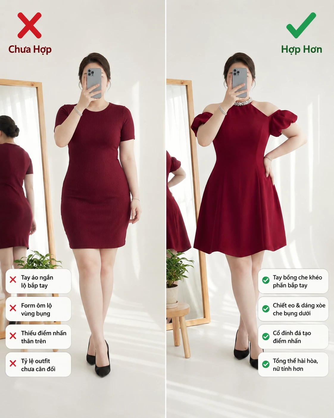 So sánh form đầm ôm và đầm dáng A bigsize màu đỏ hợp hơn cho dáng chubby