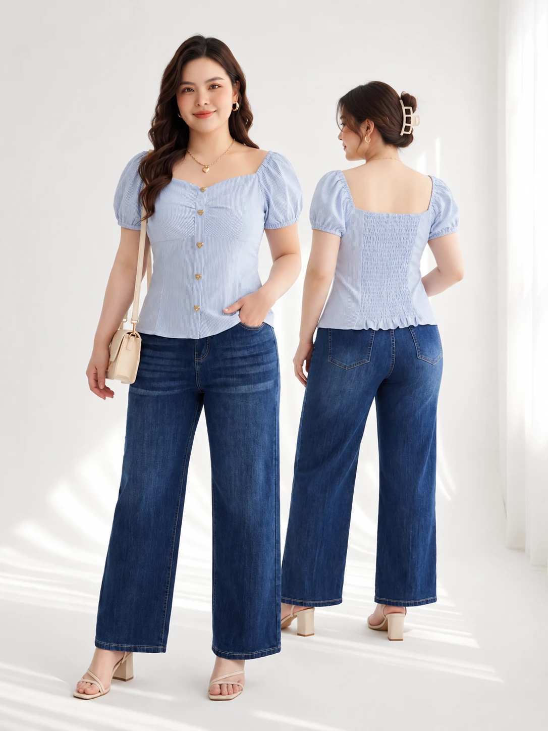 Front and back view of the AK106 big size smocking back puff sleeve blue striped top.