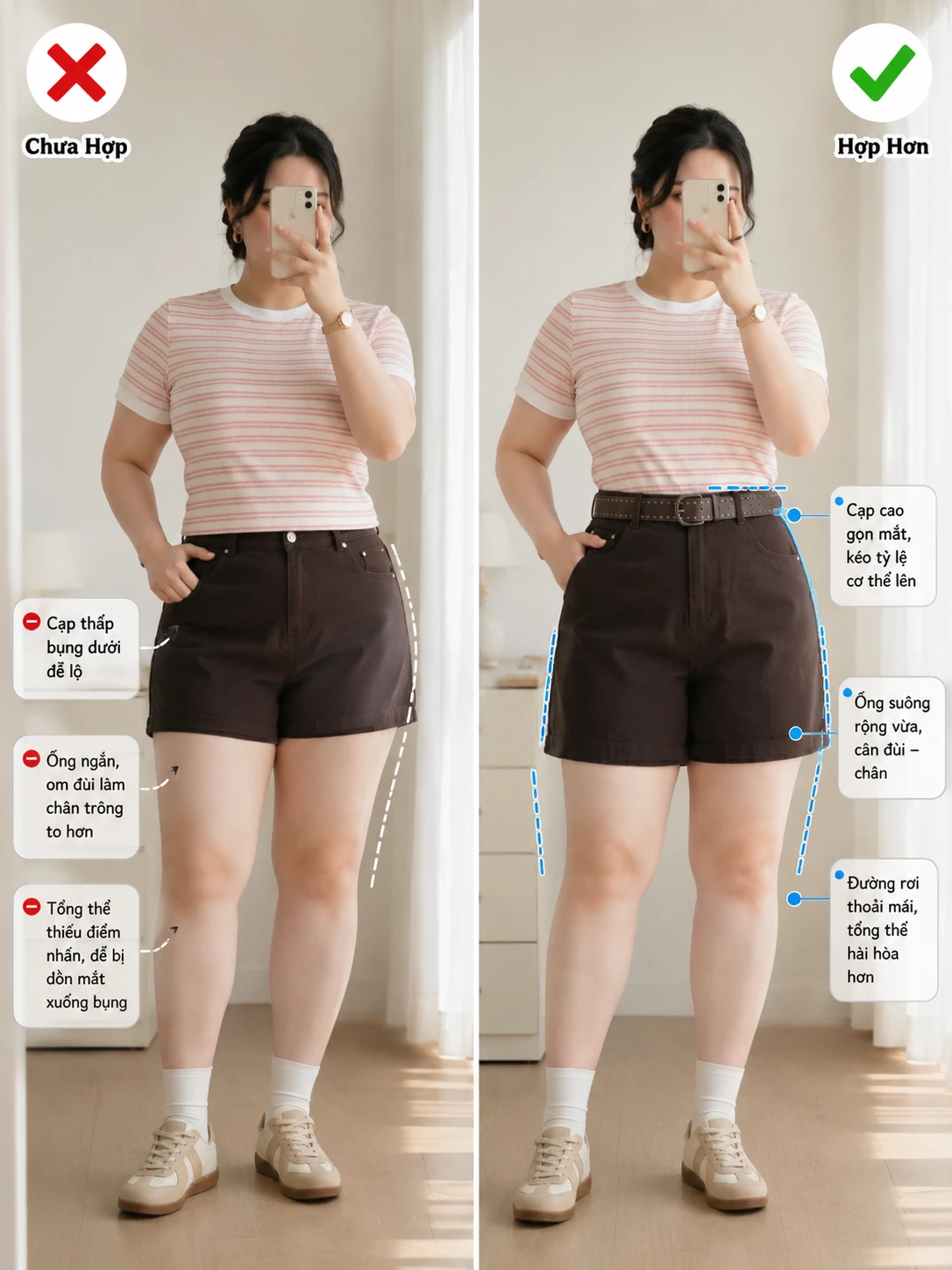 Ảnh tư vấn form quần short jean bigsize cạp cao ống rộng vừa giúp dáng cân đối hơn