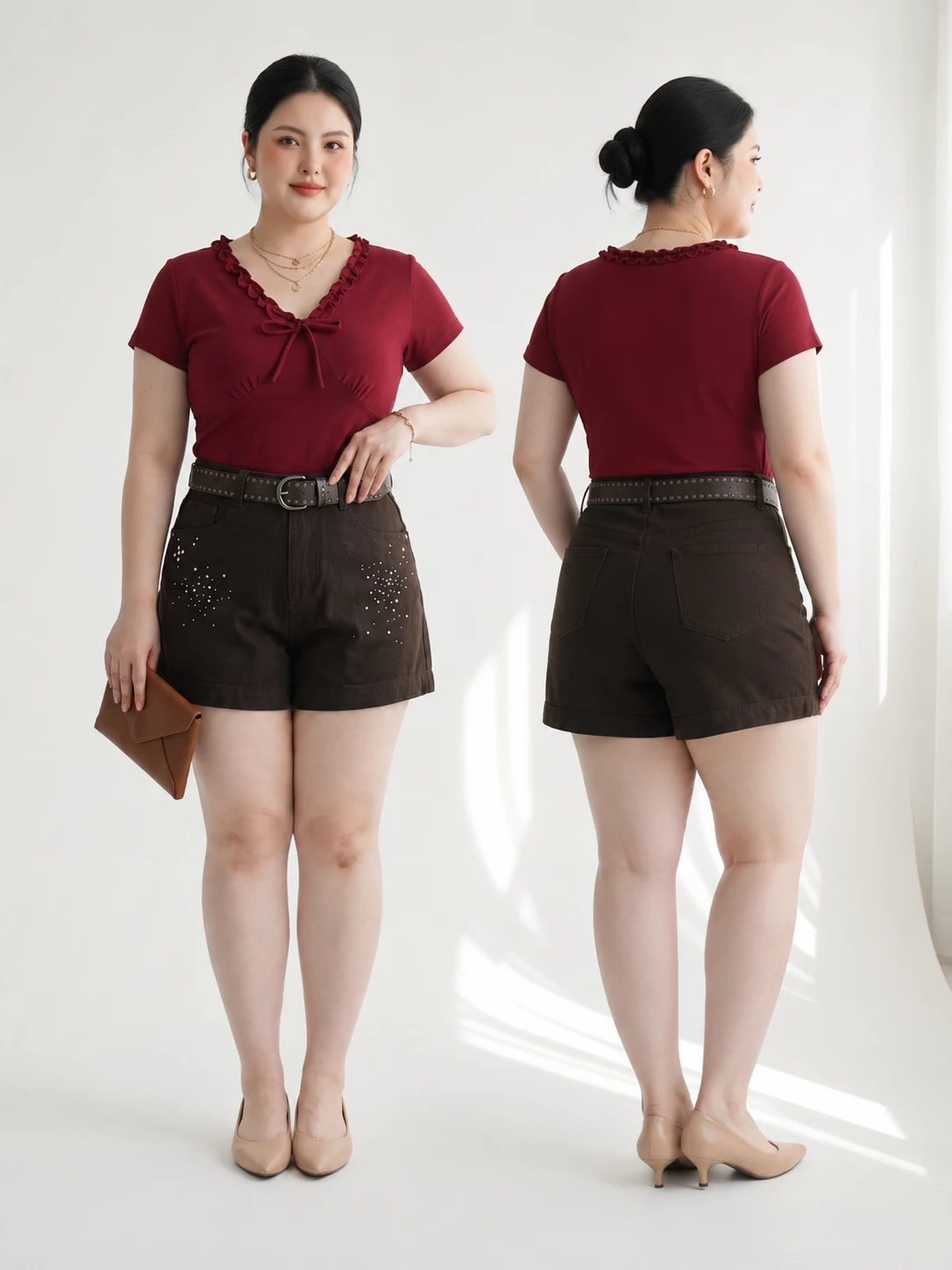 Ảnh mặc thật quần short jean ép đá bigsize T-QSJ1322 màu nâu đậm, nhìn rõ thân trước và túi sau trơn