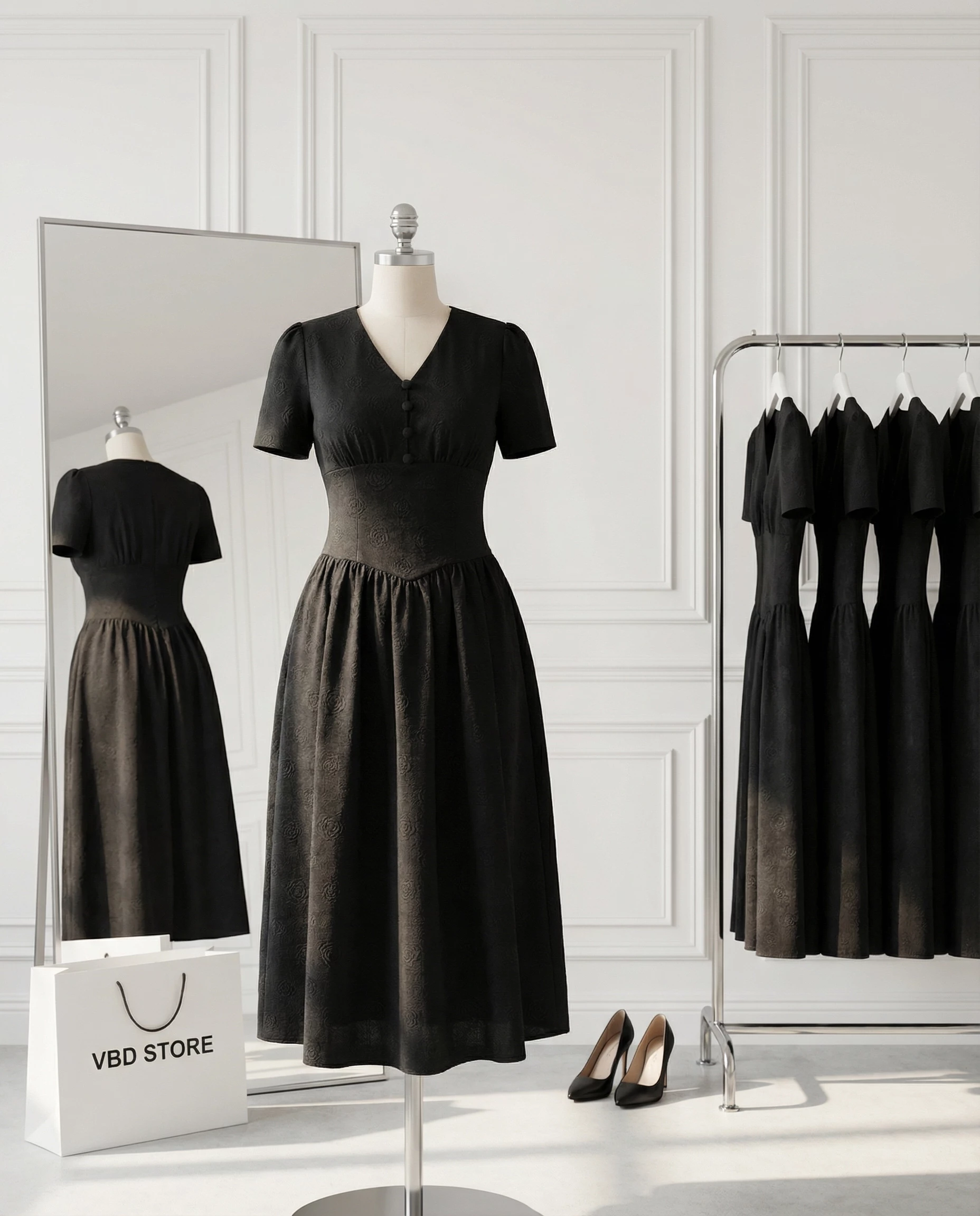 Đầm DA175 trên mannequin với gương phản chiếu mặt sau