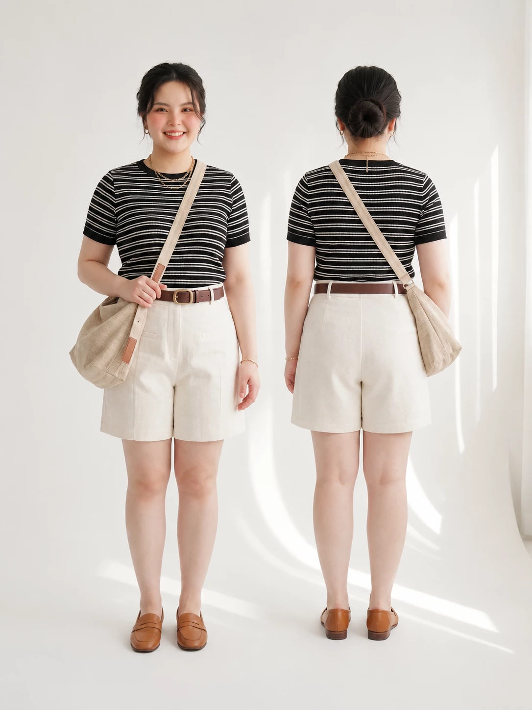 Ảnh mặc thật quần short bigsize V-QS013 màu kem thân trước và thân sau