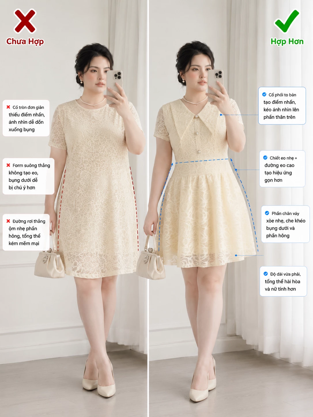 So sánh dáng suông và dáng có eo nhẹ của đầm ren hoa bigsize V-DA229