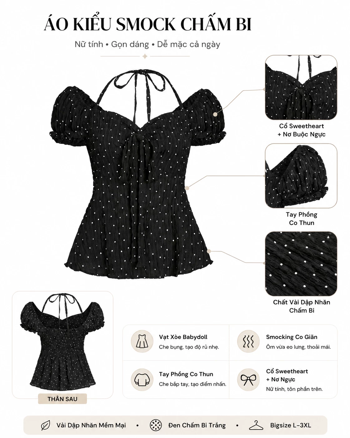 Infographic áo kiểu smock chấm bi AK104 vạt xòe tay phồng cổ sweetheart smocking co giãn