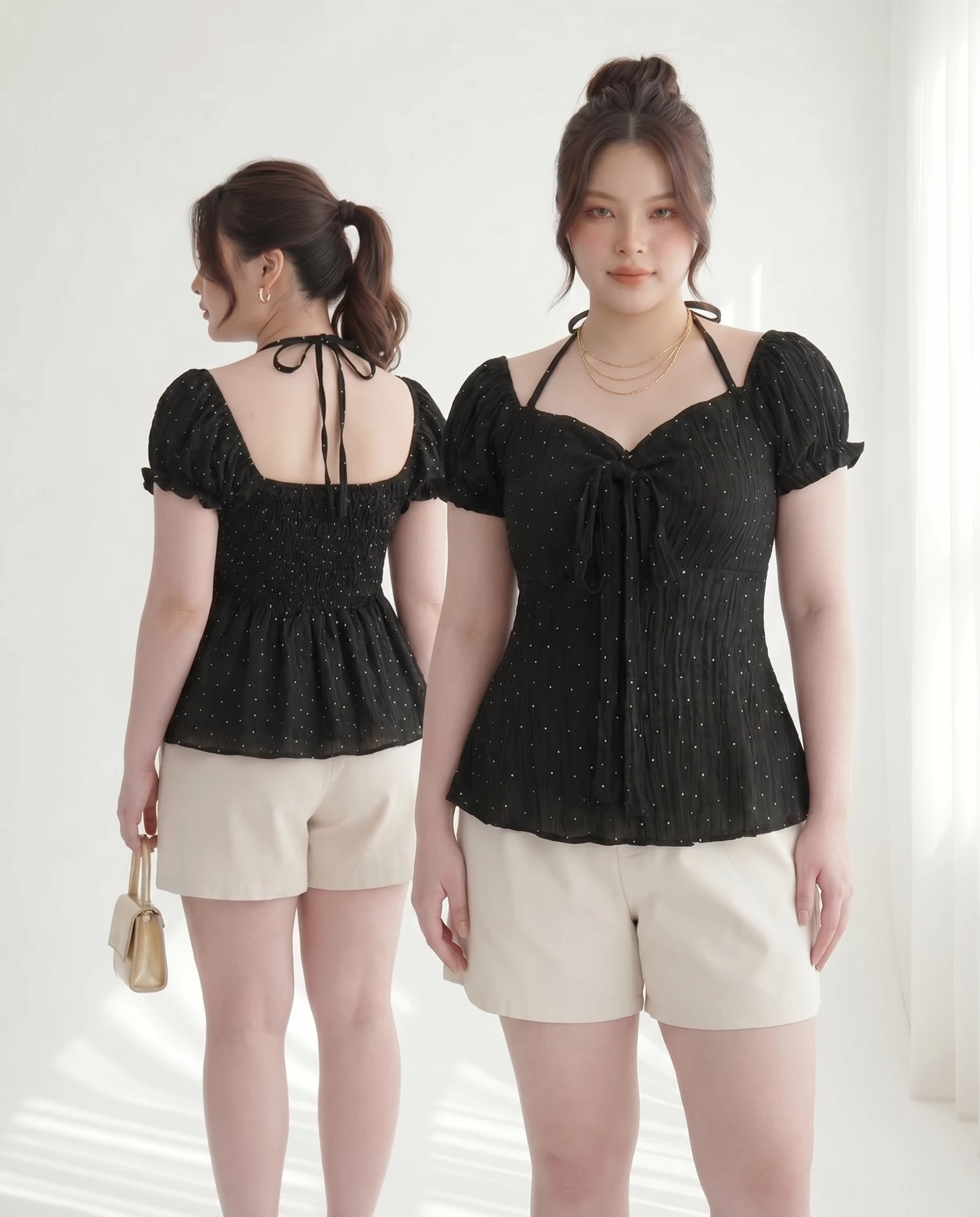 Người mẫu mặc áo babydoll bigsize AK104 thân trước và thân sau màu đen chấm bi