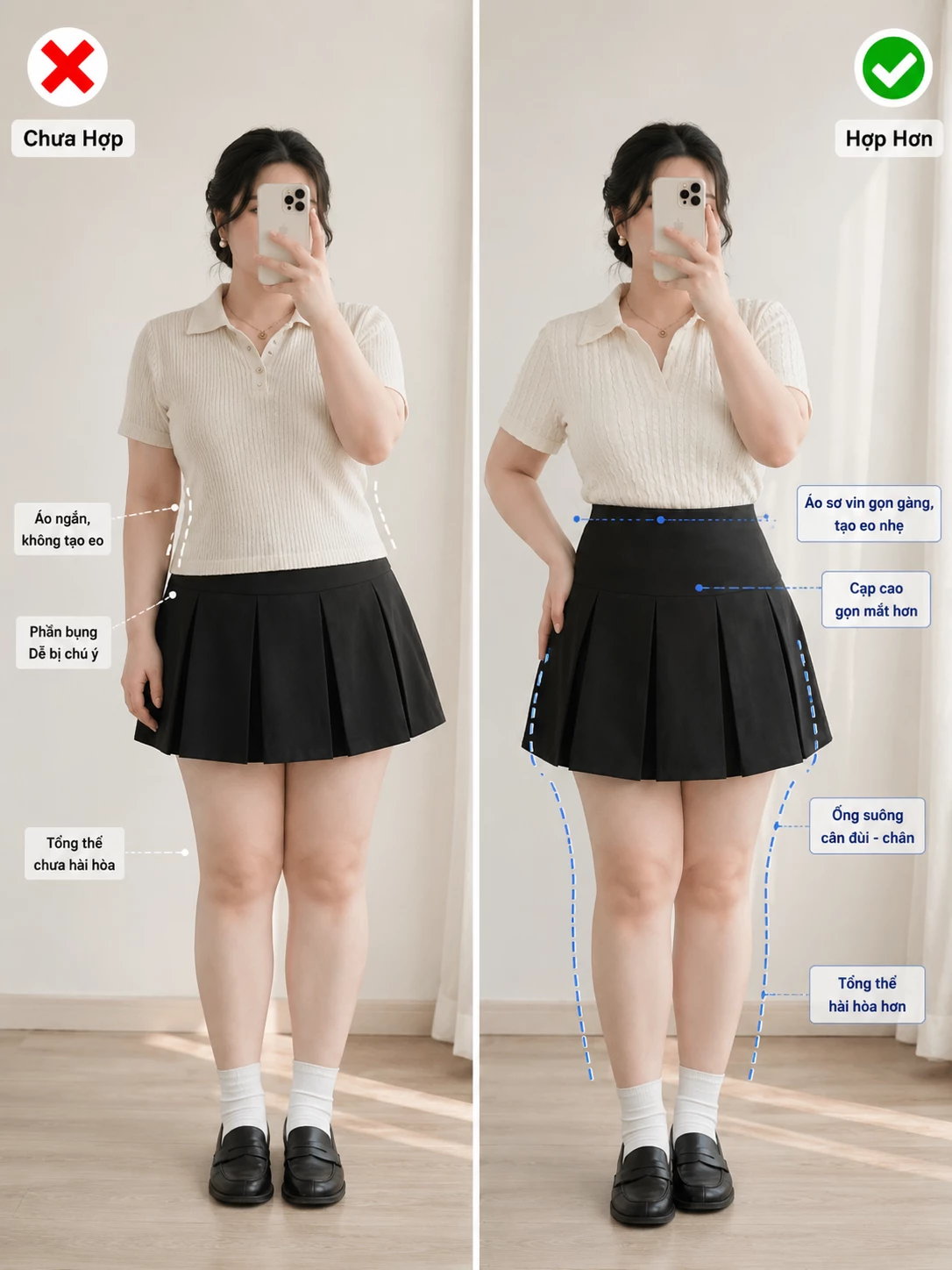 Ảnh hướng dẫn phối áo polo sọc gân bigsize V-AK100 với chân váy cạp cao để tổng thể gọn hơn