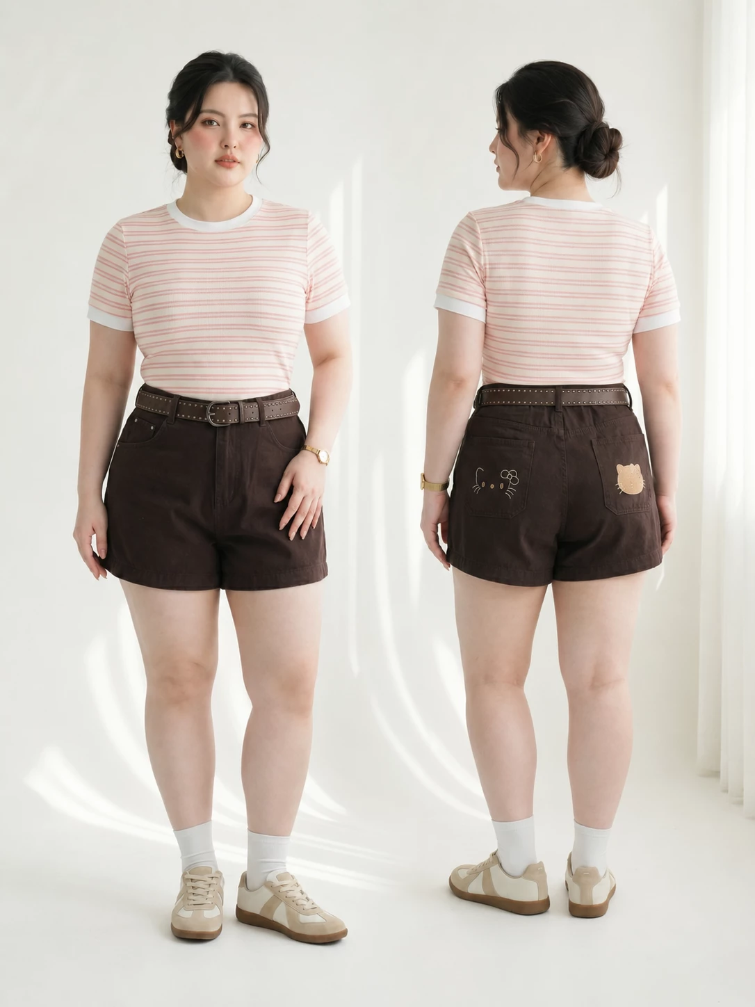 Người mẫu mặc quần short jean thêu mèo lưng thun bigsize T-QSJ1326 mặt trước và mặt sau