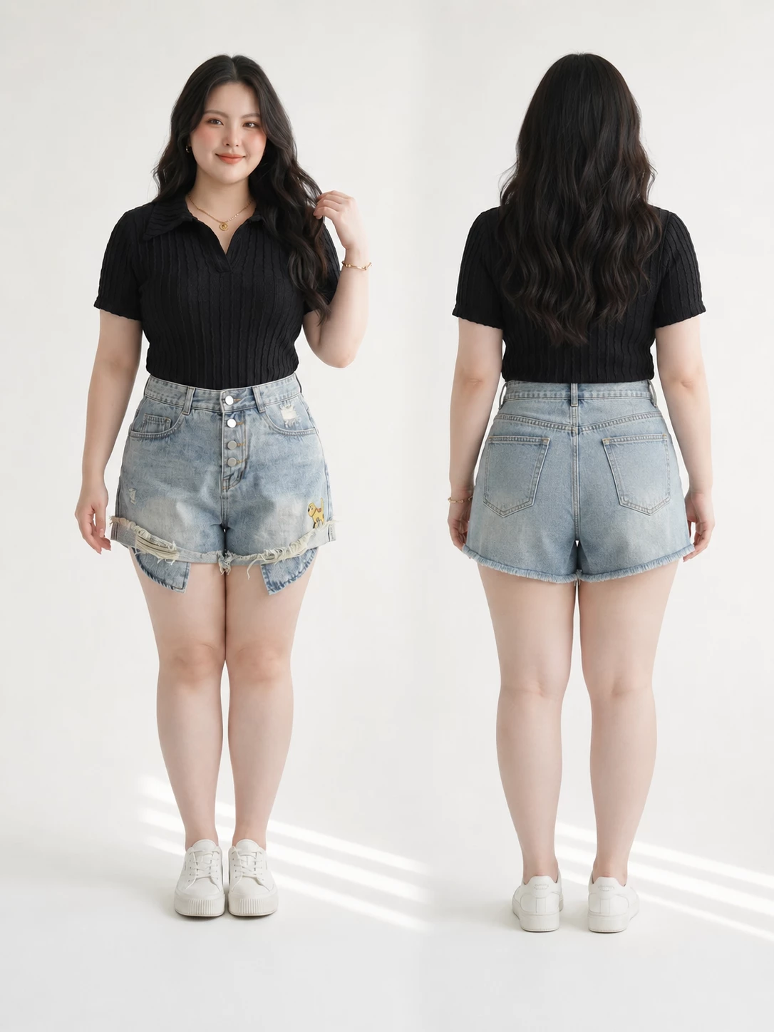 Người mẫu mặc quần short jean bigsize T-QSJ1320 màu xanh jean mặt trước và mặt sau
