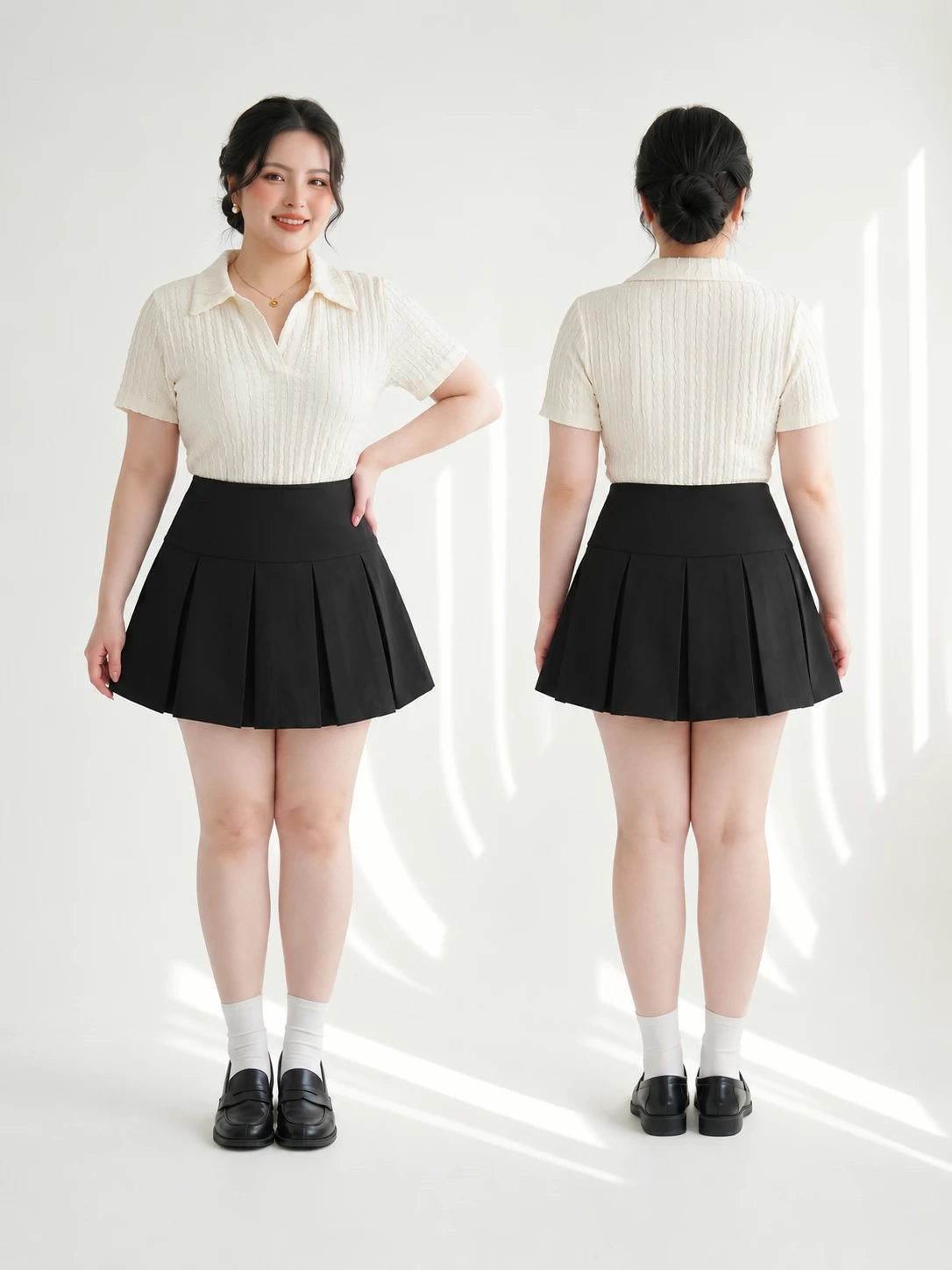 Ảnh mặc thật áo polo sọc gân bigsize màu kem V-AK100 phối chân váy đen cạp cao mặt trước và sau