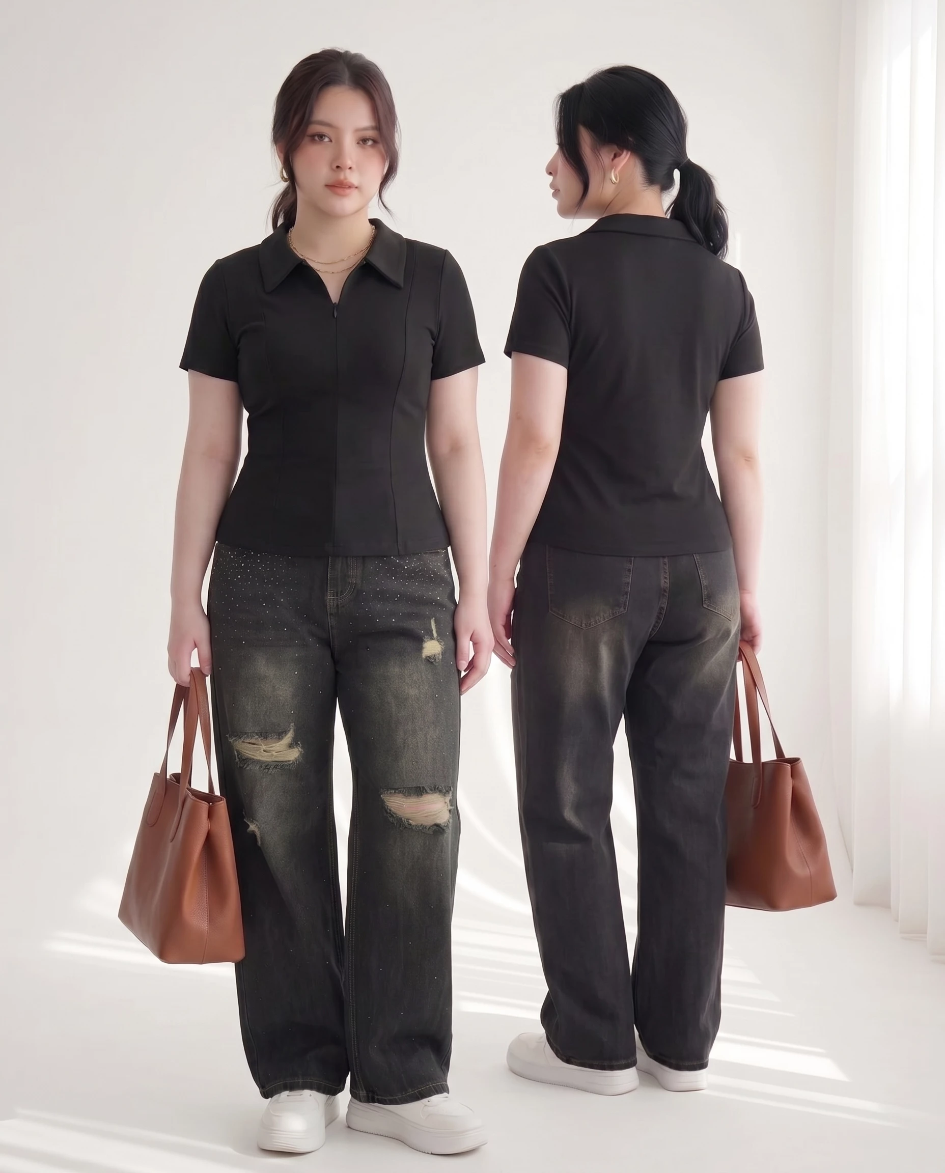 Người mẫu mặc quần jean suông bigsize QC5052 đen wash ở góc trước và sau