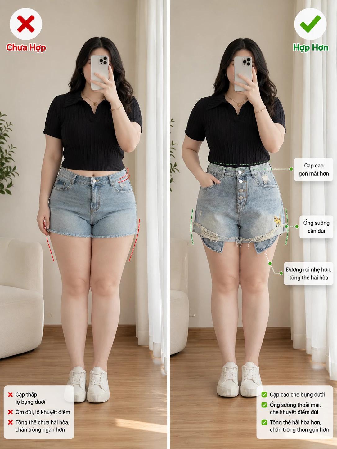 Ảnh hướng dẫn chọn quần short jean bigsize cạp cao ống rộng vừa giúp dáng hài hòa hơn