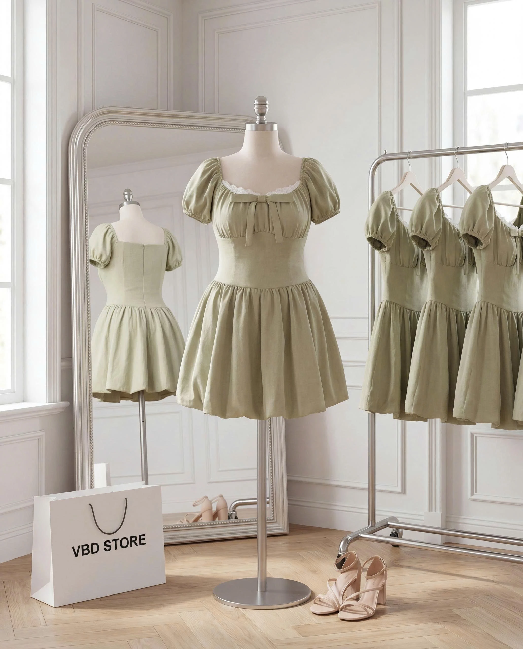 Đầm dáng bí tay phồng phối ren bigsize trưng bày toàn bộ mặt trước và phản chiếu mặt sau