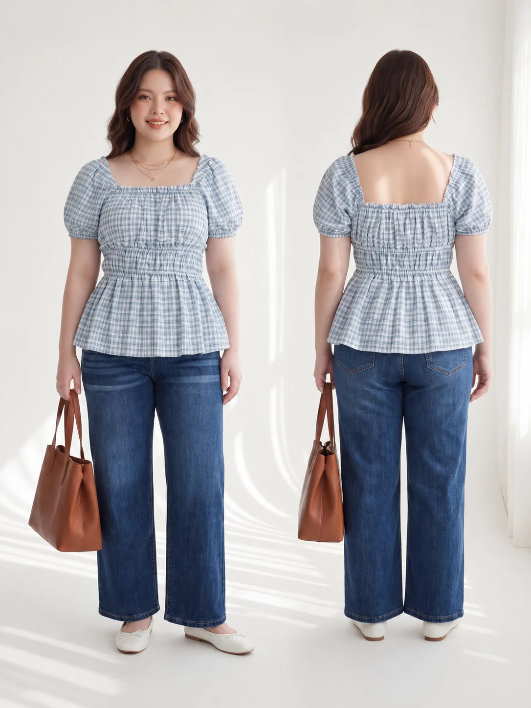 Bigsize checkered blouse with ruched waist and puff sleeves AK109 - shown in front and back.