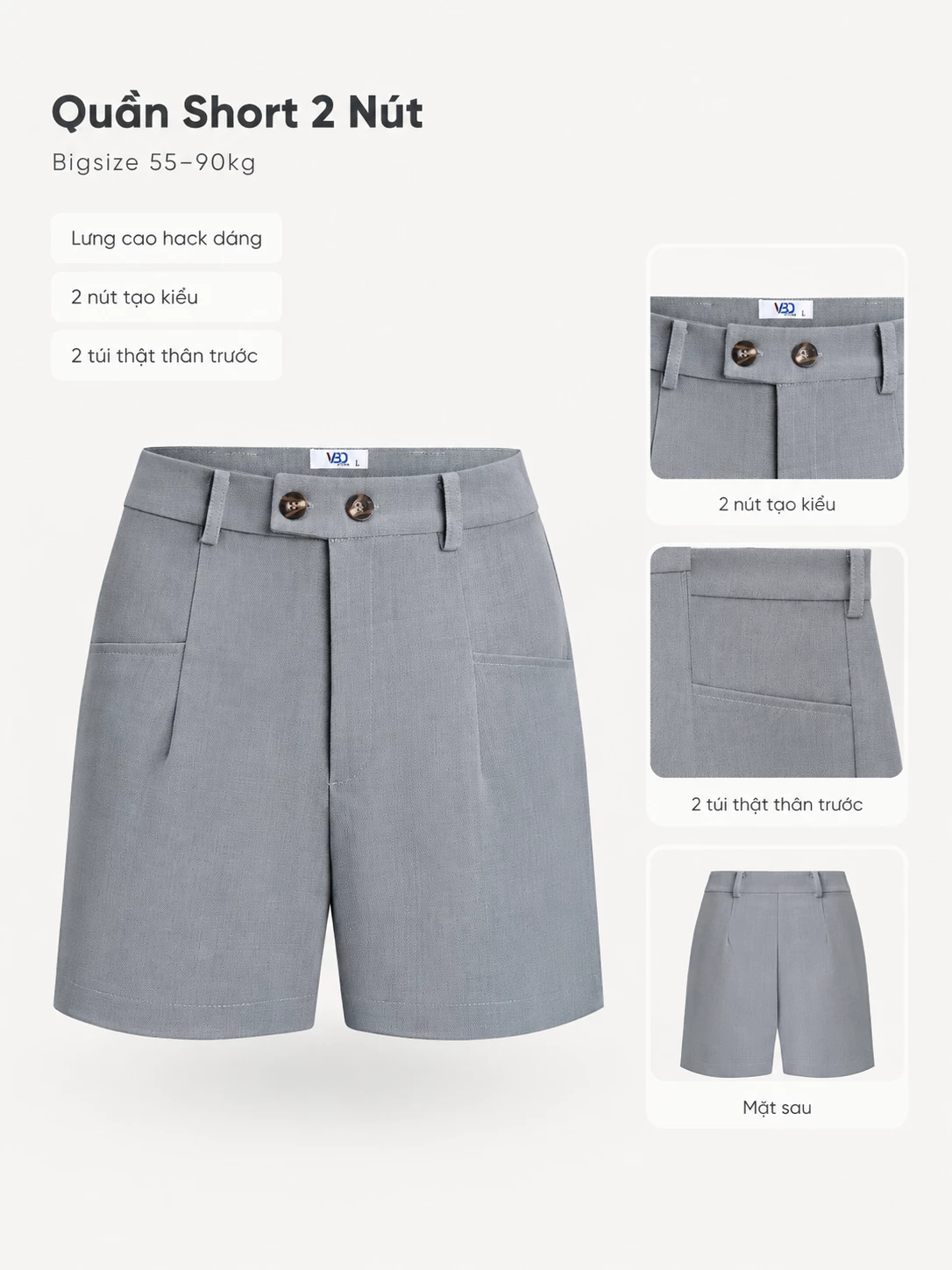 Quần short 2 nút bigsize V-QS014 màu xám với cạp cao, túi thật thân trước và mặt sau