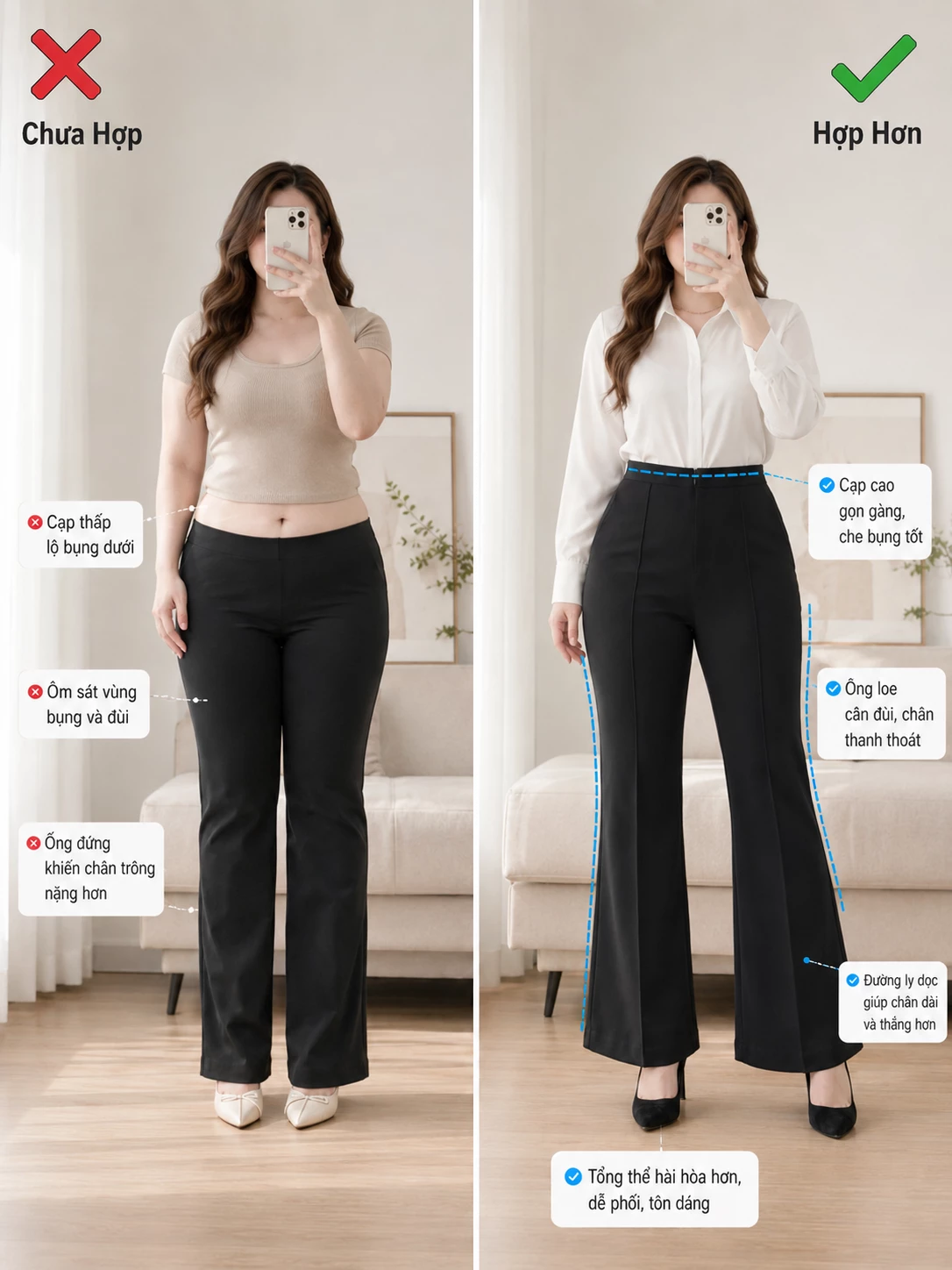Gợi ý mặc quần ống loe bigsize giúp tổng thể gọn và hài hòa hơn