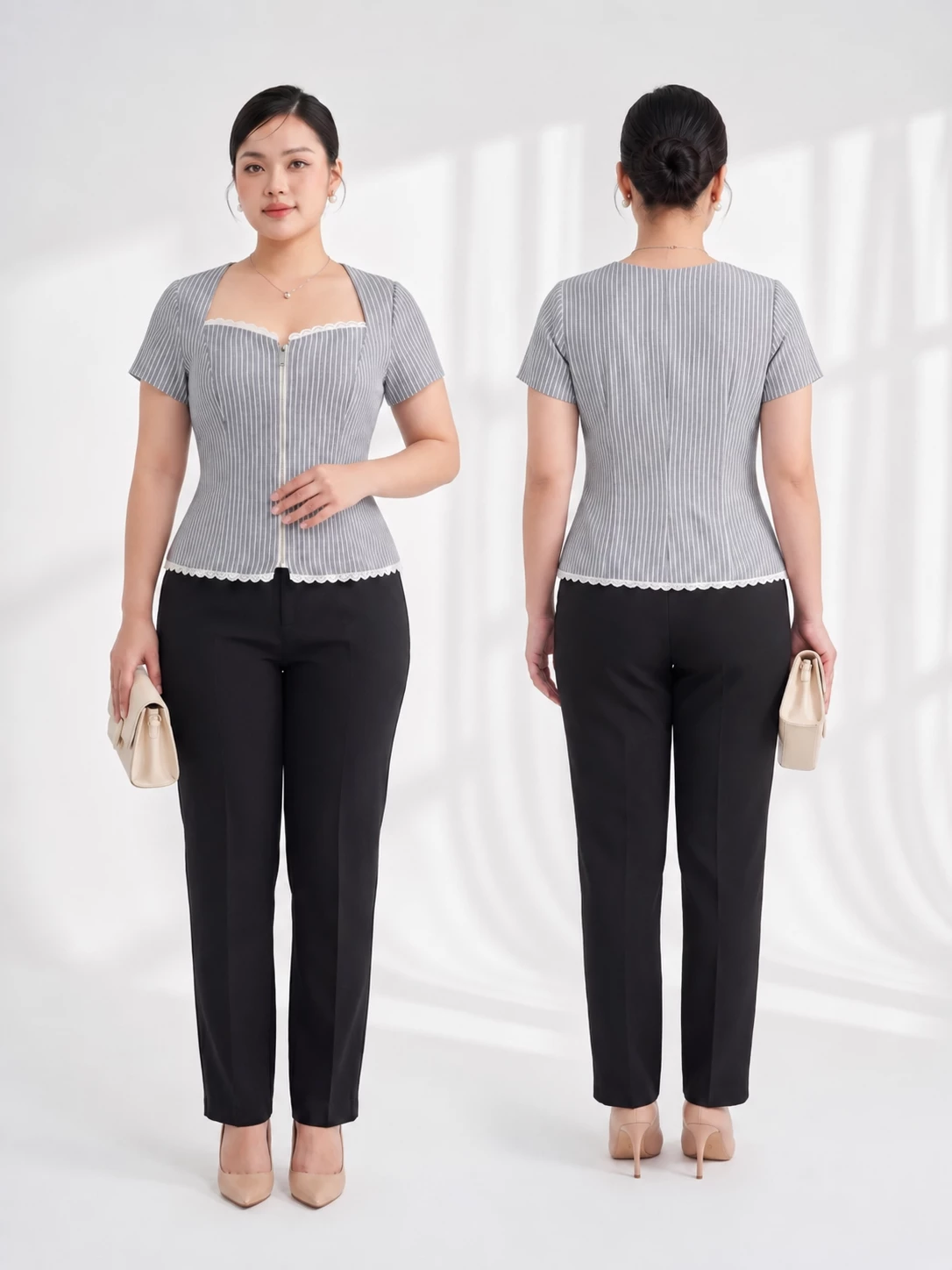 The model is wearing a plus-size striped AK107 shirt in gray and white, with vertical stripes on the front and back.