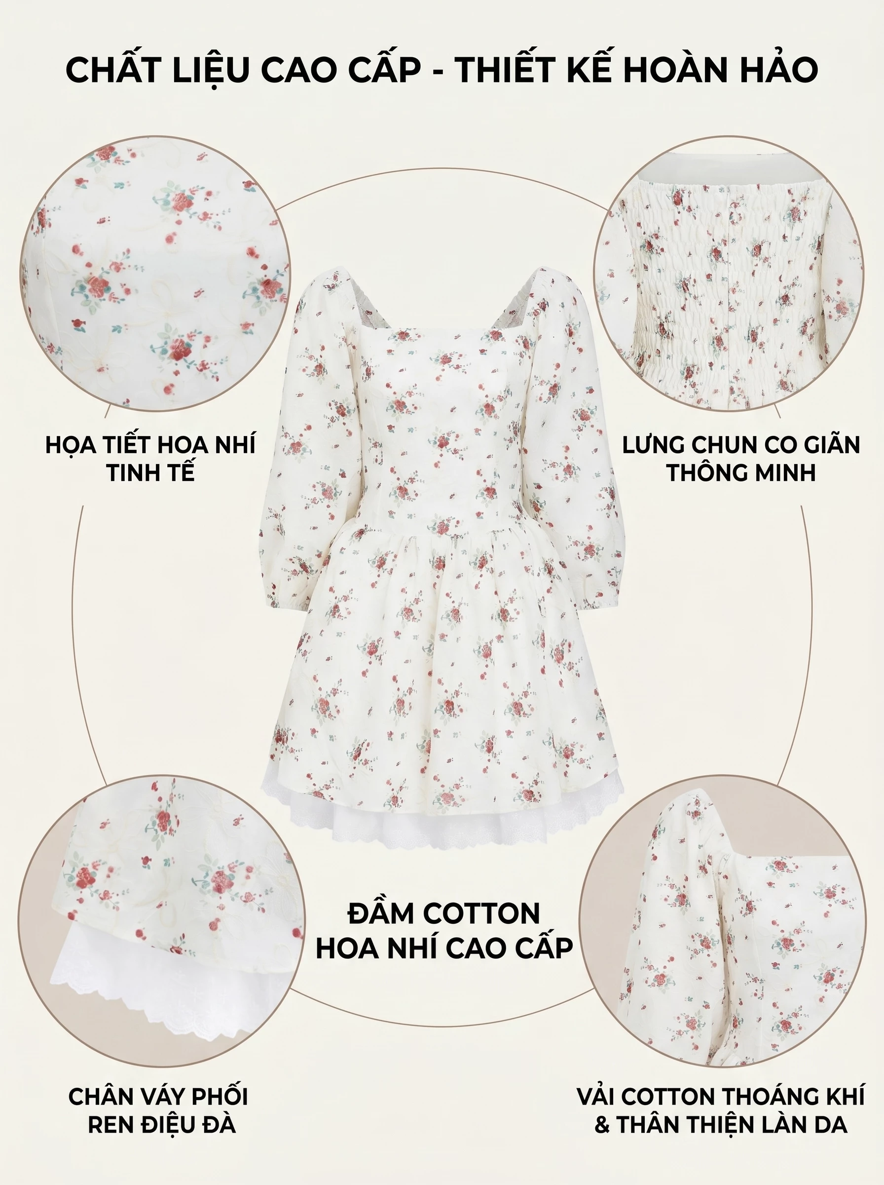 Infographic cotton hoa nhí, lưng chun và chân váy phối ren của đầm bigsize V-DA221